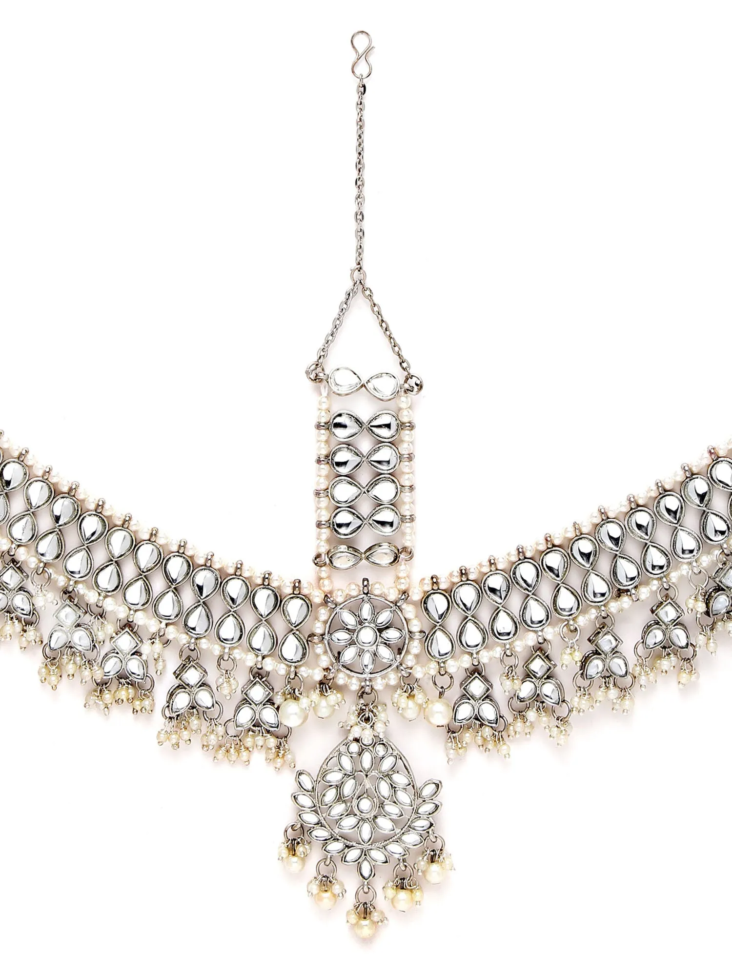 Karatcart Oxidised Silver Pearl Studded Handcrafted Kundan Mathapatti for Women