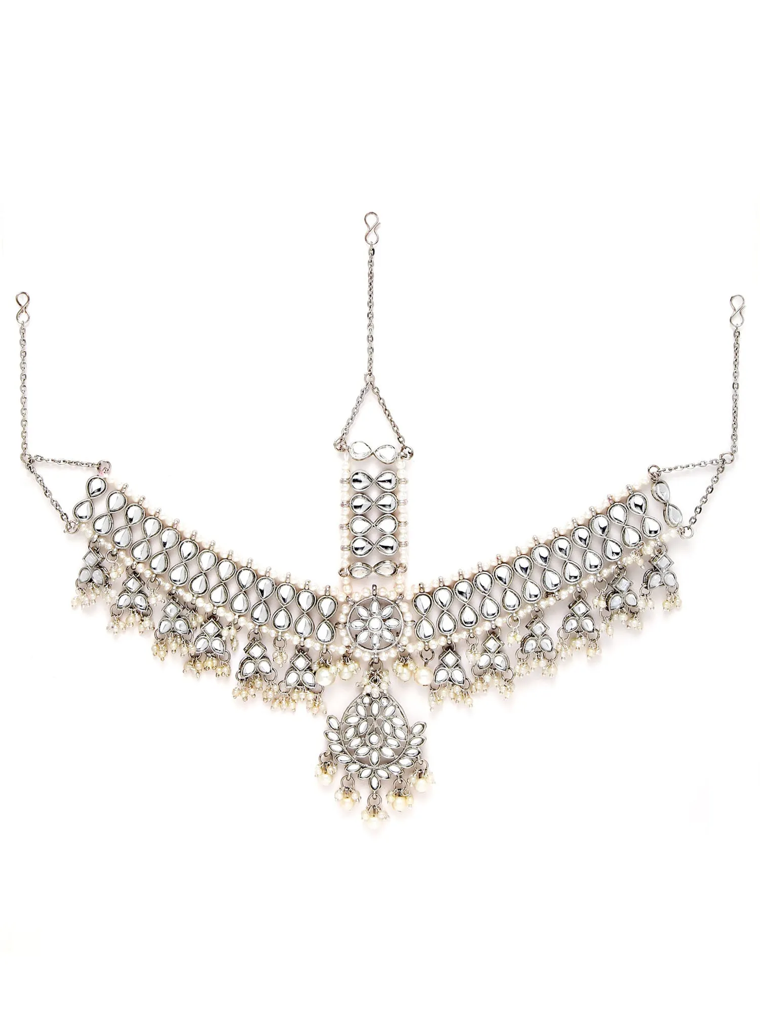 Karatcart Oxidised Silver Pearl Studded Handcrafted Kundan Mathapatti for Women