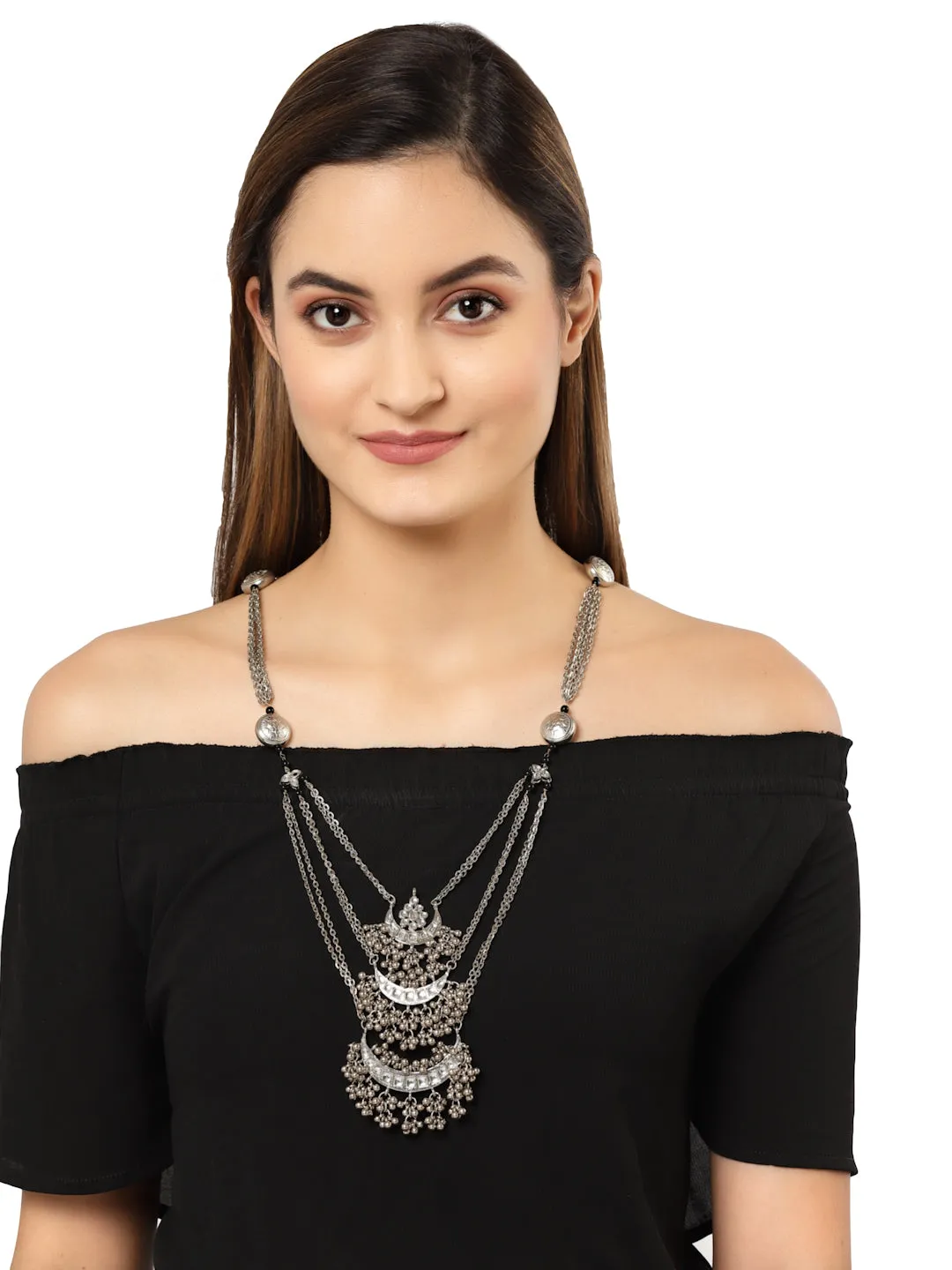 Karatcart Oxidised Silver Studded Long Handcrafted Kundan Necklace for Women