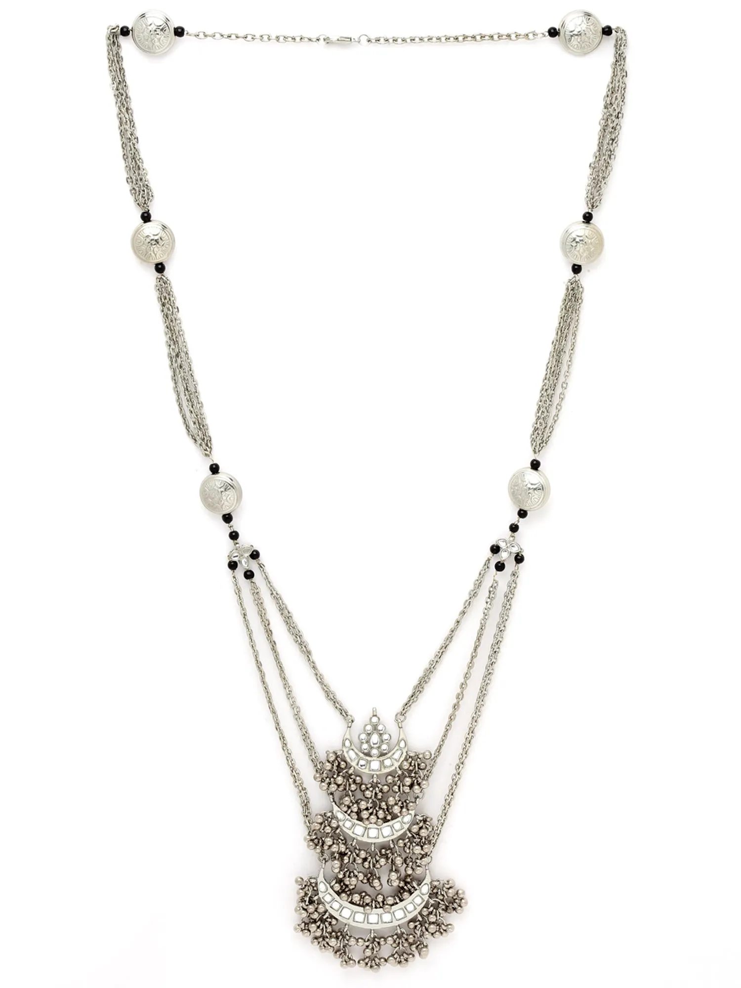 Karatcart Oxidised Silver Studded Long Handcrafted Kundan Necklace for Women