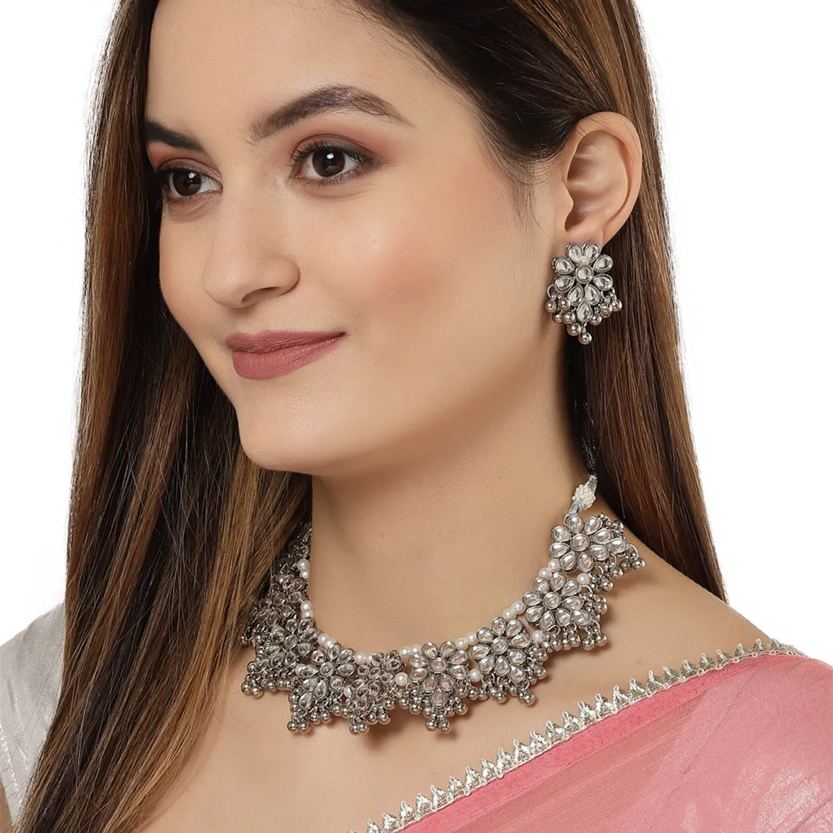 Karatcart Oxidised Silver Tone Silver Ball Studded Kundan Choker Necklace Setfor Women