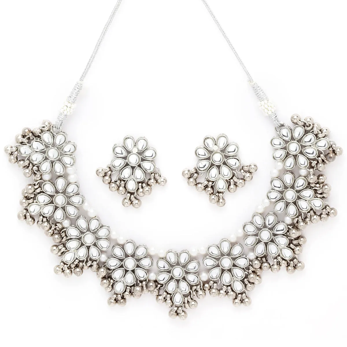 Karatcart Oxidised Silver Tone Silver Ball Studded Kundan Choker Necklace Setfor Women