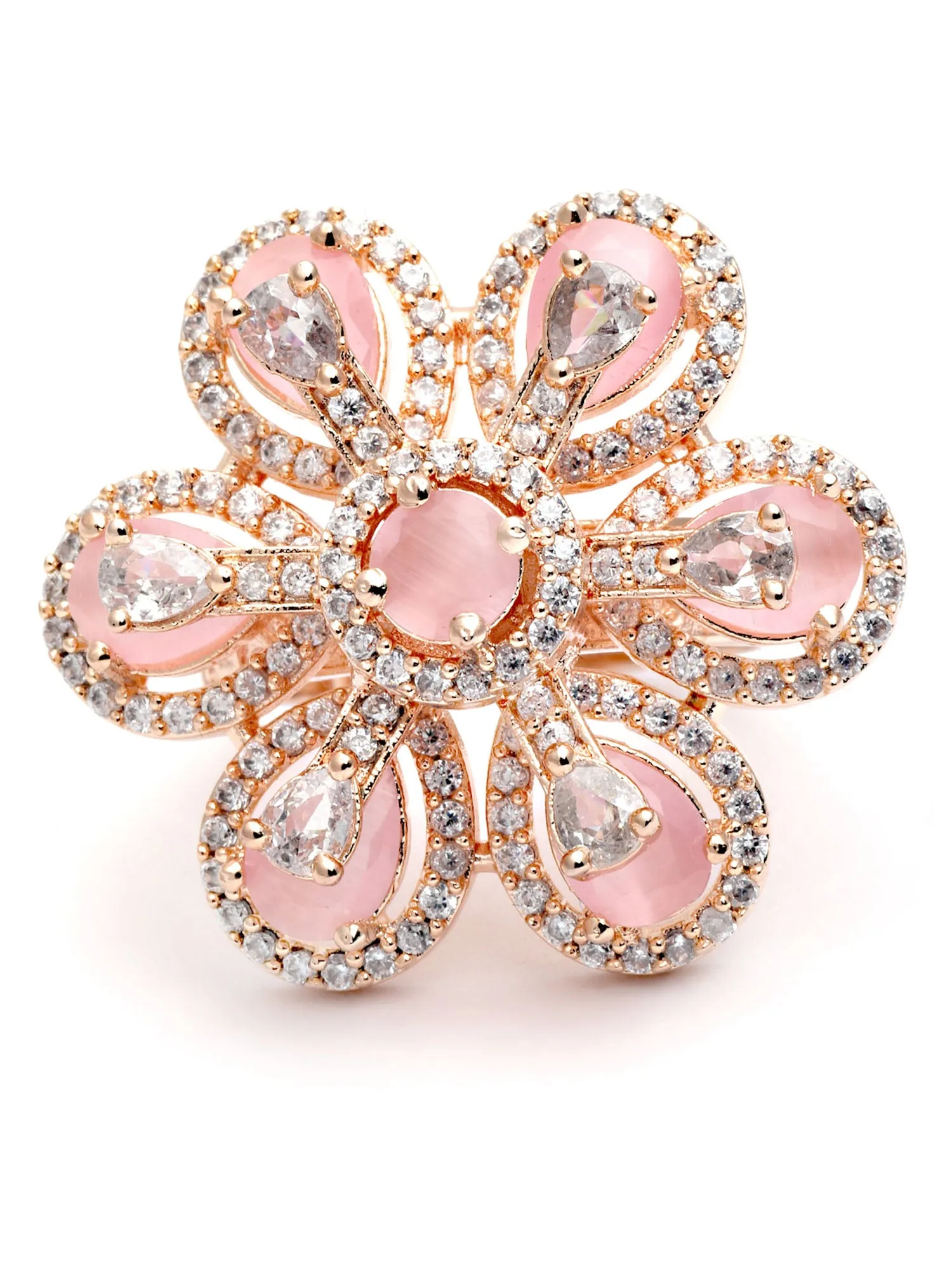 Karatcart Pink Cubic Zirconia Studded Rose Gold Plated Adjustable Ring for Women