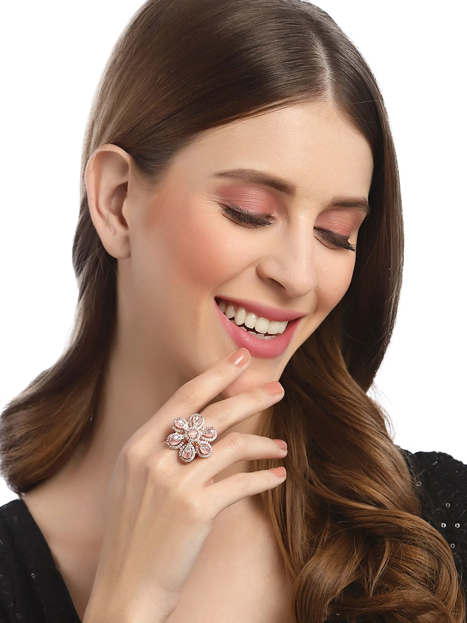 Karatcart Pink Cubic Zirconia Studded Rose Gold Plated Adjustable Ring for Women
