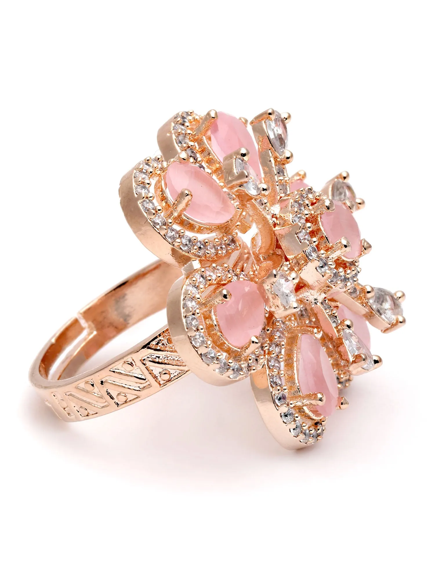 Karatcart Pink Cubic Zirconia Studded Rose Gold Plated Adjustable Ring for Women