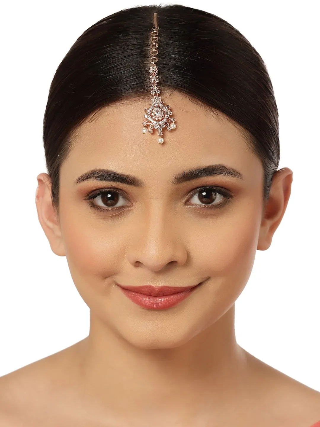Karatcart Rose Gold Plated American Diamond Studded Maangtikka