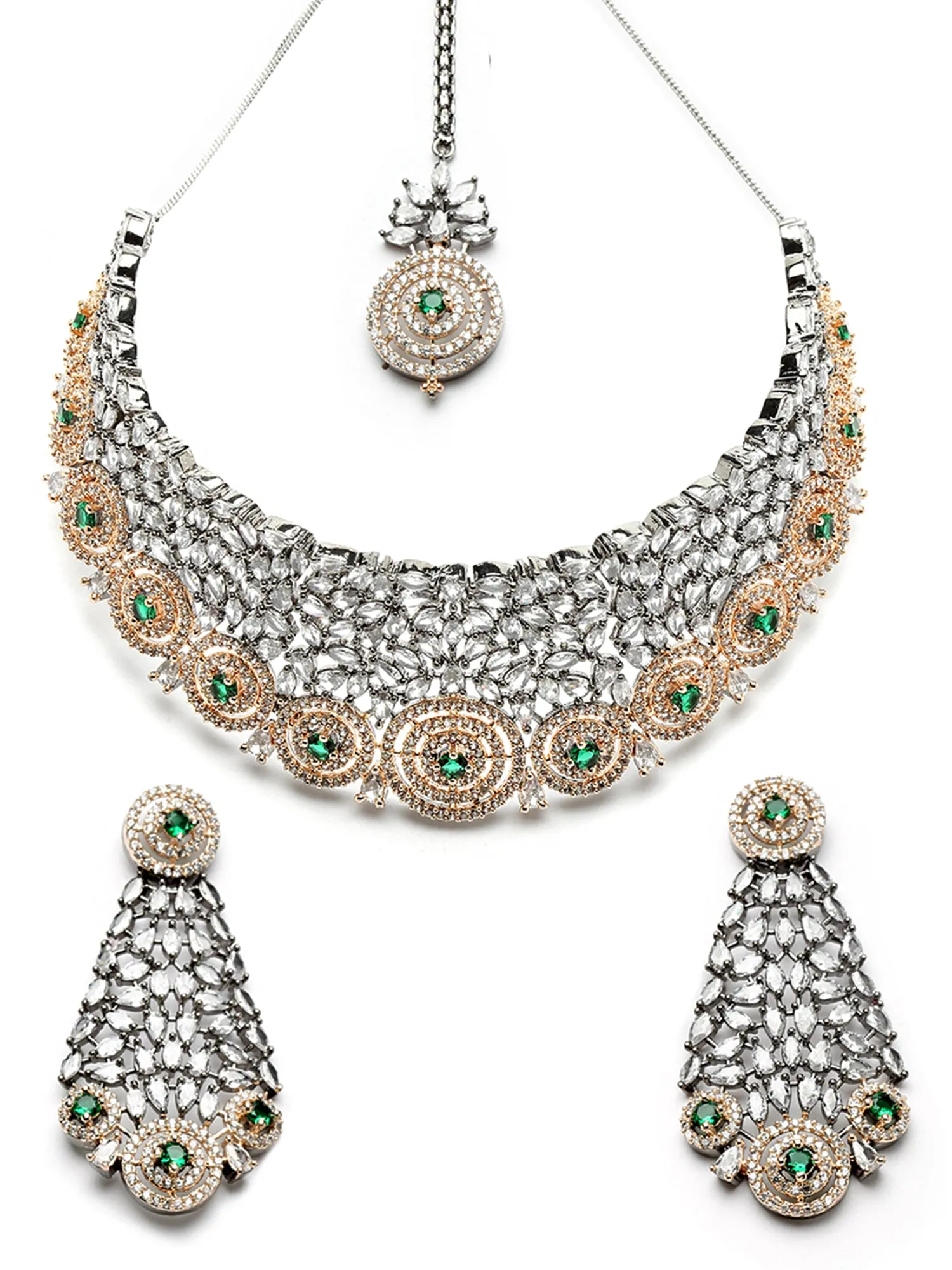 Karatcart Rose Gold Plated Green Cubic Zirconia Studded Choker Necklace Set for Women