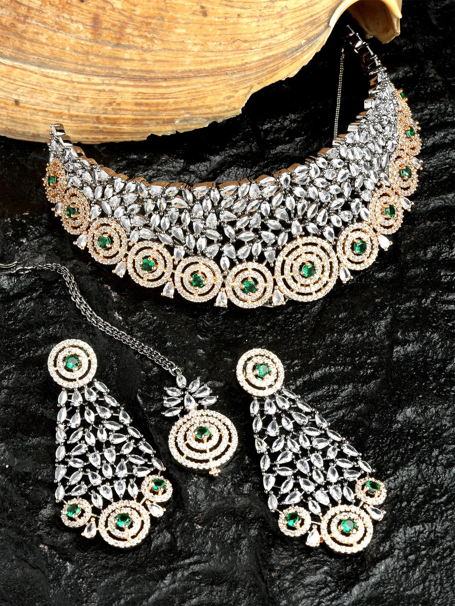 Karatcart Rose Gold Plated Green Cubic Zirconia Studded Choker Necklace Set for Women