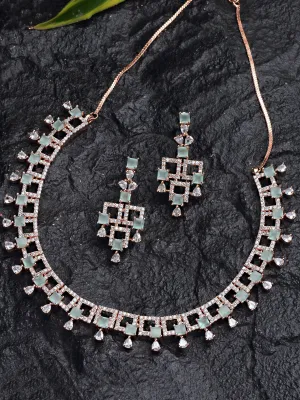 Karatcart Rose Gold Plated Lime Green Cubic Zirconia Studded Necklace Set For Women