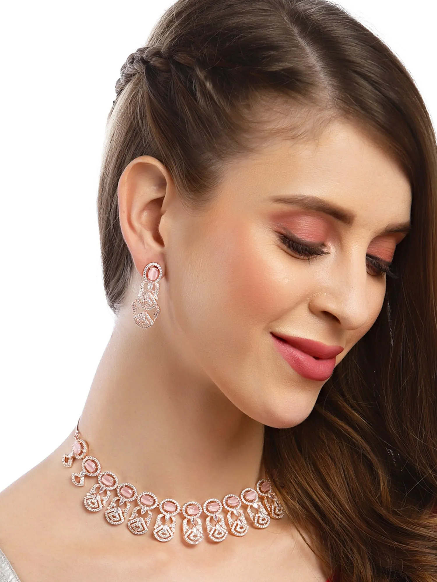 Karatcart Rose Gold Plated Pink Cubic Zirconia Studded Necklace Set for Women