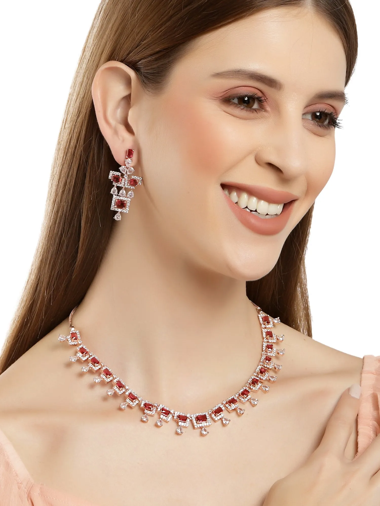 Karatcart Rose Gold Plated Red Cubic Zirconia Studded Necklace Set For Women