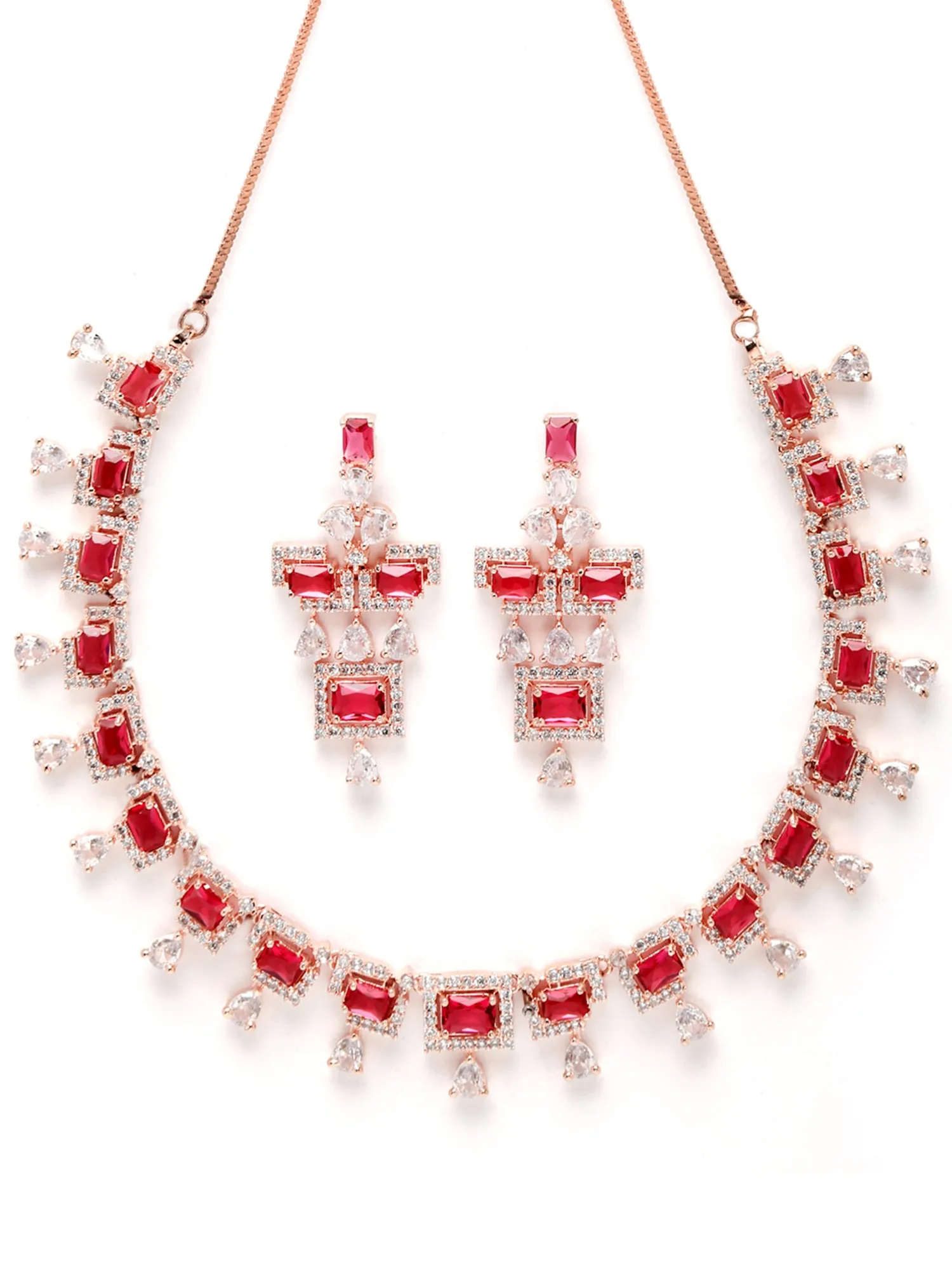 Karatcart Rose Gold Plated Red Cubic Zirconia Studded Necklace Set For Women