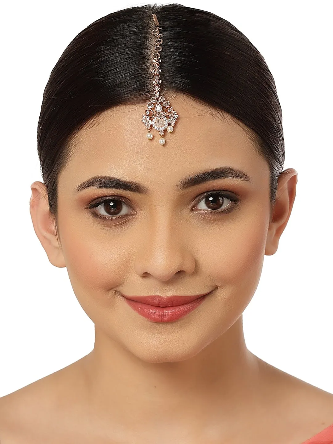 Karatcart Rose Gold Plated White American Diamond Studded Maangtikka