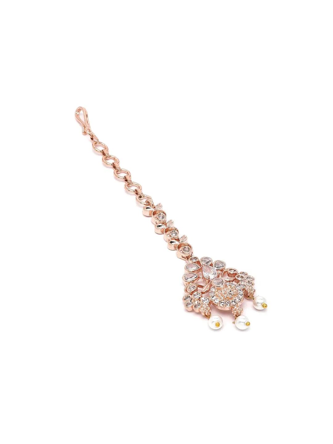 Karatcart Rose Gold Plated White American Diamond Studded Maangtikka