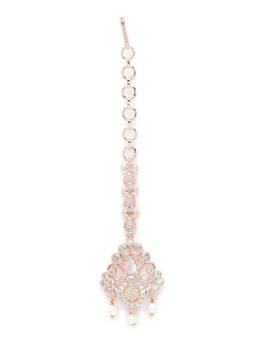 Karatcart Rose Gold Plated White American Diamond Studded Maangtikka