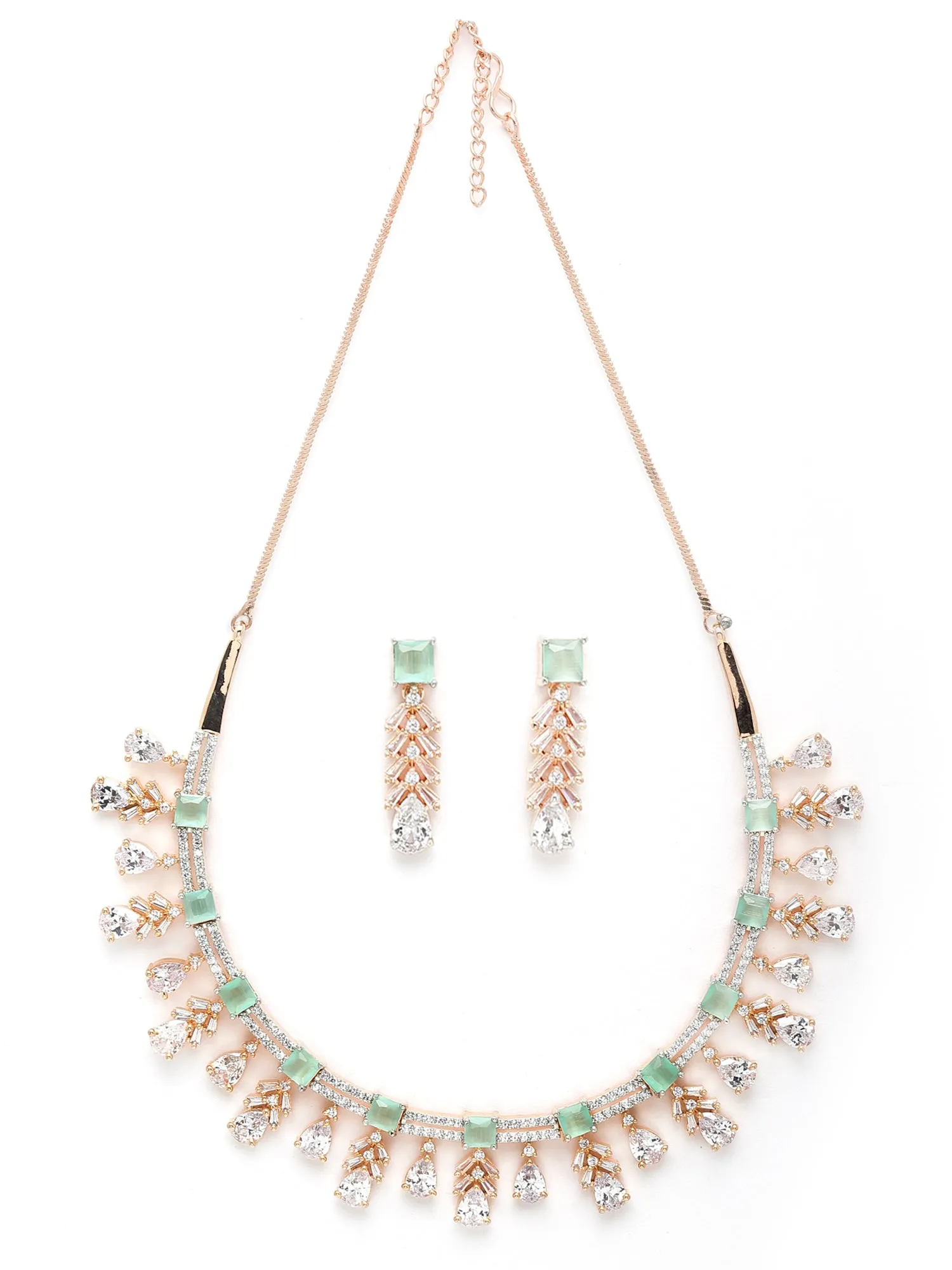 Karatcart Rose Gold Plated White and Lime Green Cubic Zirconia Studded Necklace Set For Women