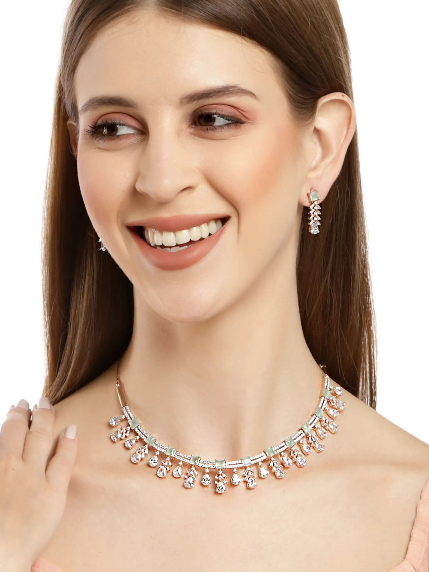 Karatcart Rose Gold Plated White and Lime Green Cubic Zirconia Studded Necklace Set For Women