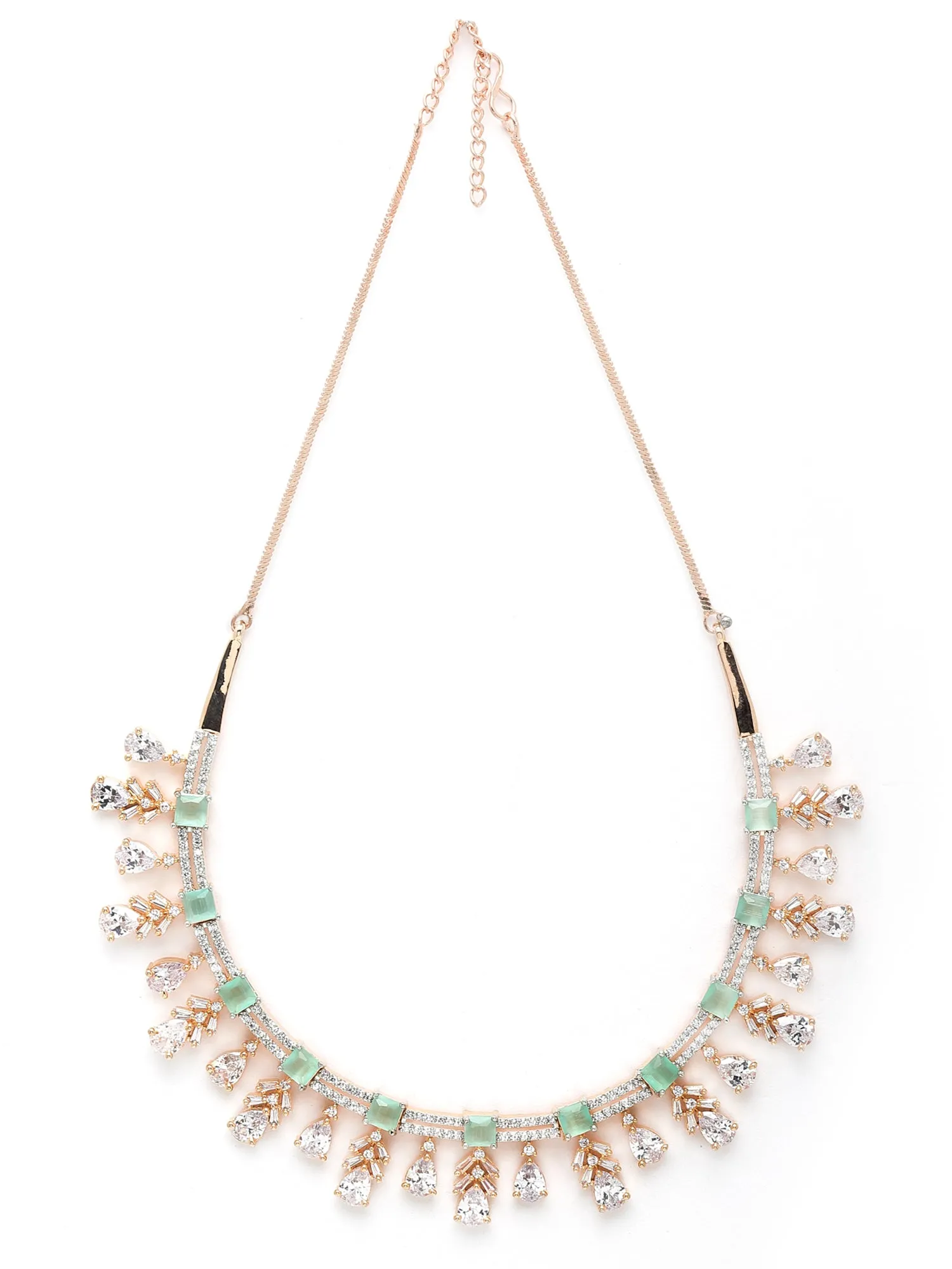 Karatcart Rose Gold Plated White and Lime Green Cubic Zirconia Studded Necklace Set For Women