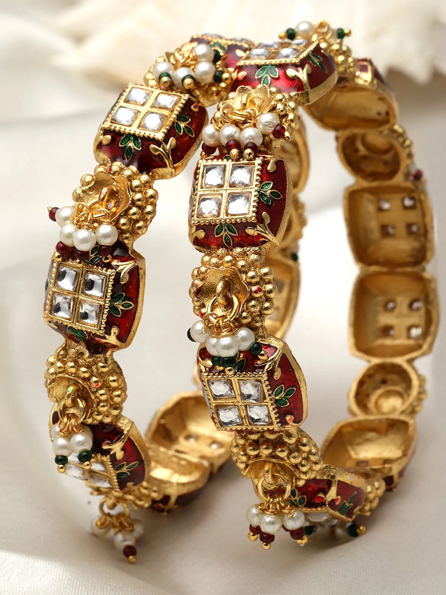 Karatcart Set of 2 Gold Plated Red Meena and Pearl Studded Bangles for Women