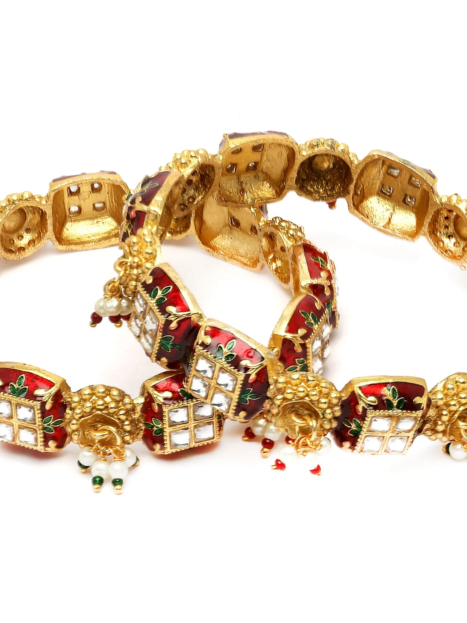 Karatcart Set of 2 Gold Plated Red Meena and Pearl Studded Bangles for Women