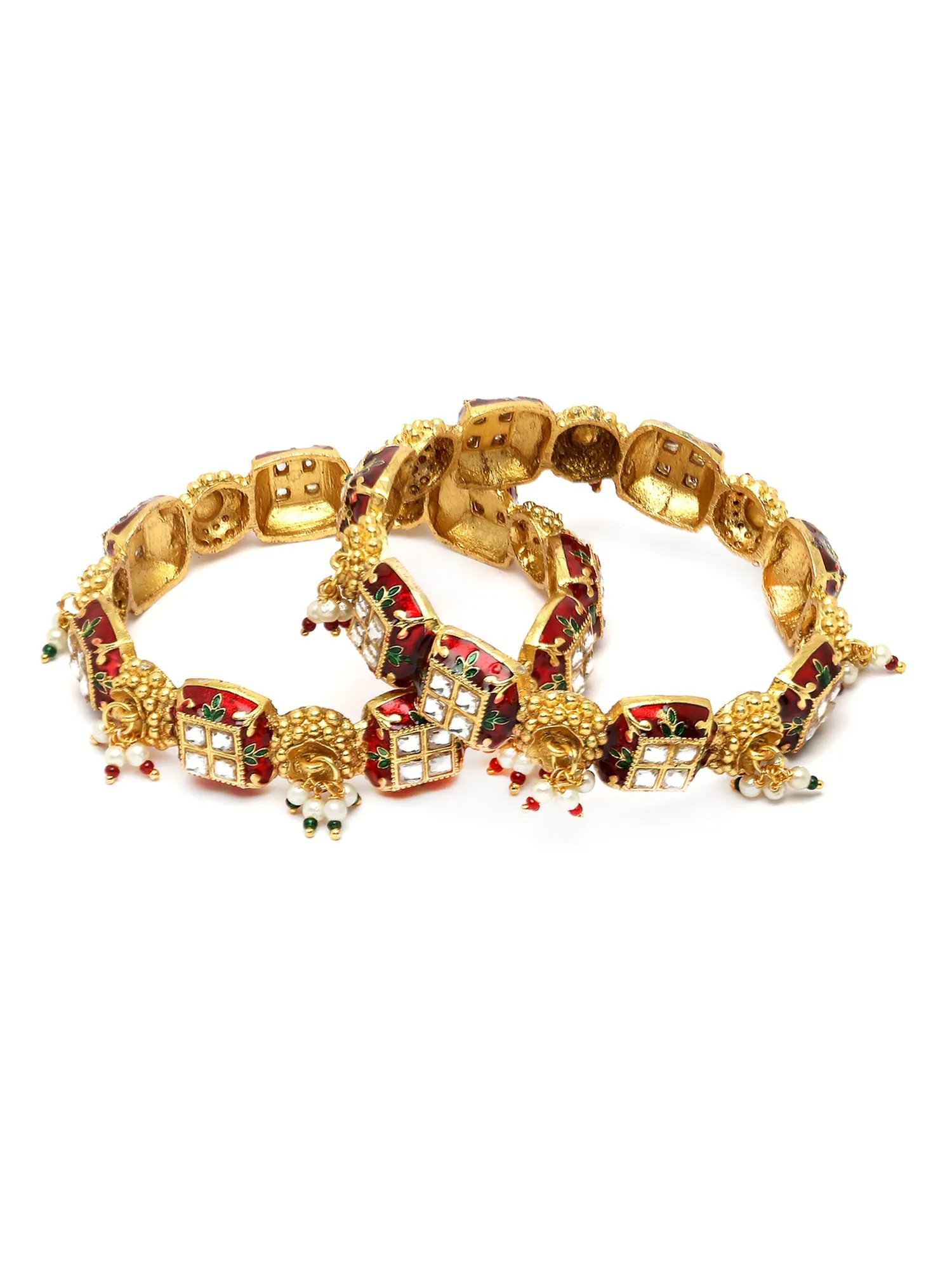 Karatcart Set of 2 Gold Plated Red Meena and Pearl Studded Bangles for Women