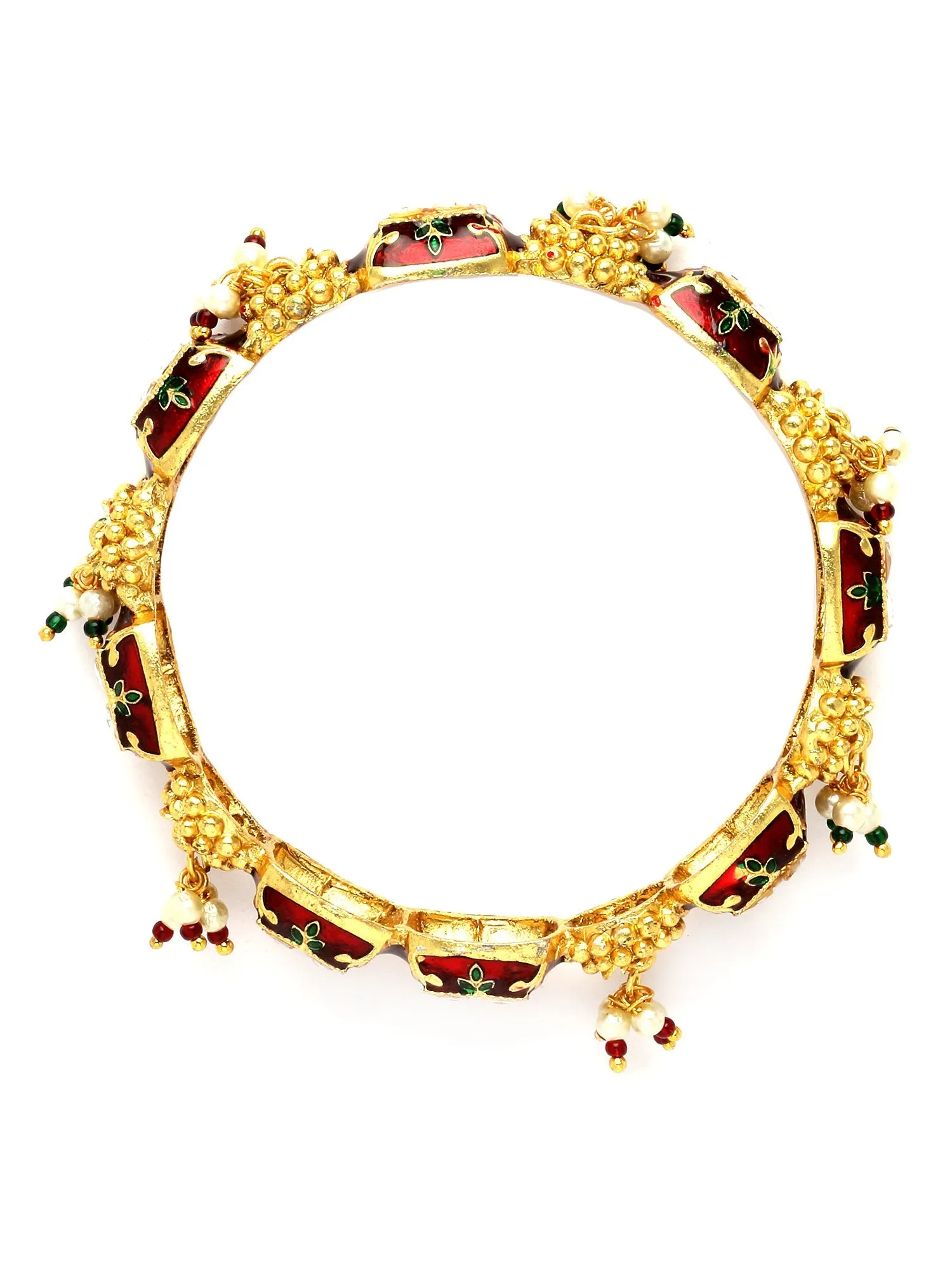 Karatcart Set of 2 Gold Plated Red Meena and Pearl Studded Bangles for Women