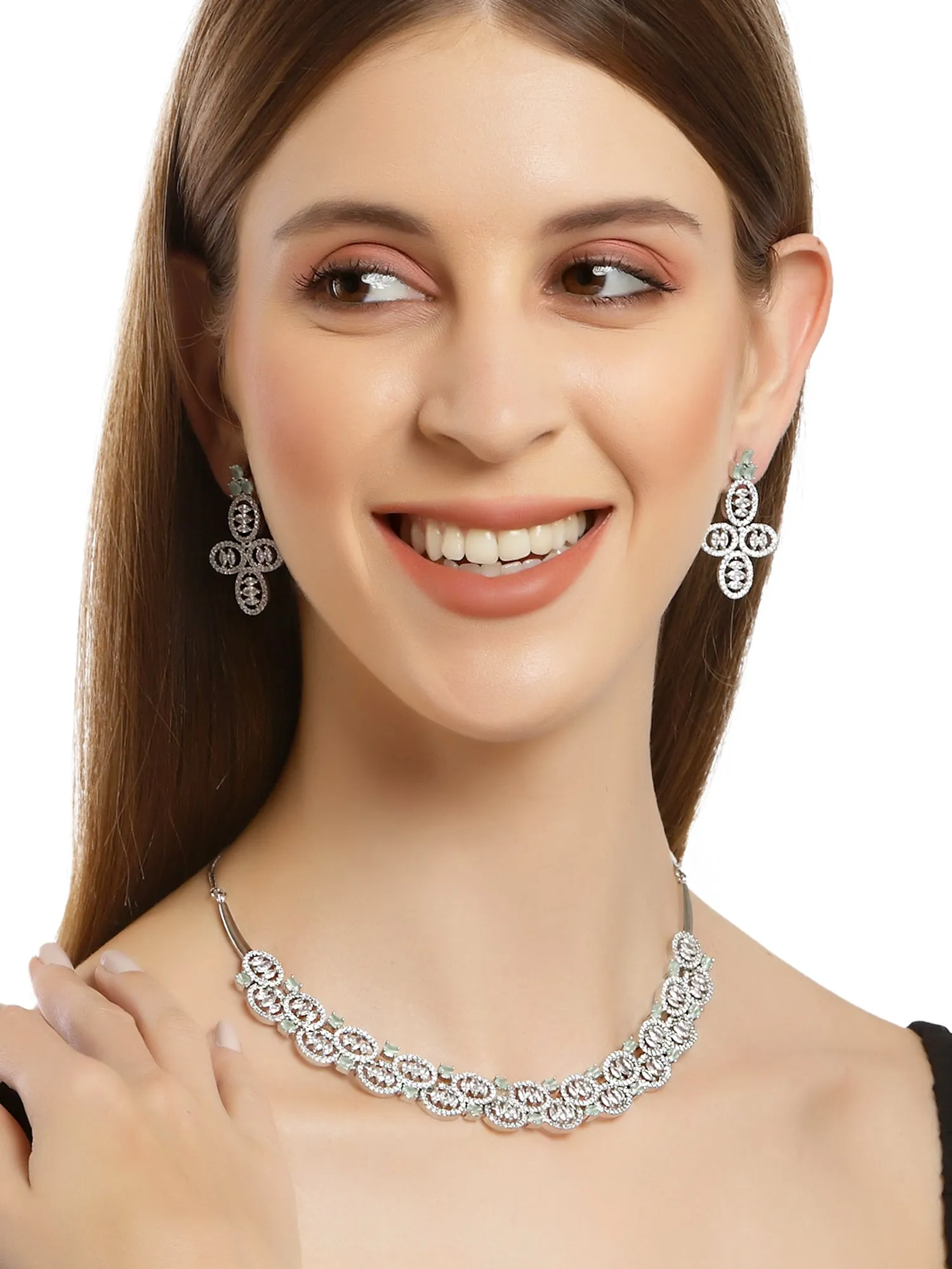Karatcart Silver American Diamond Studded Necklace Set For Women