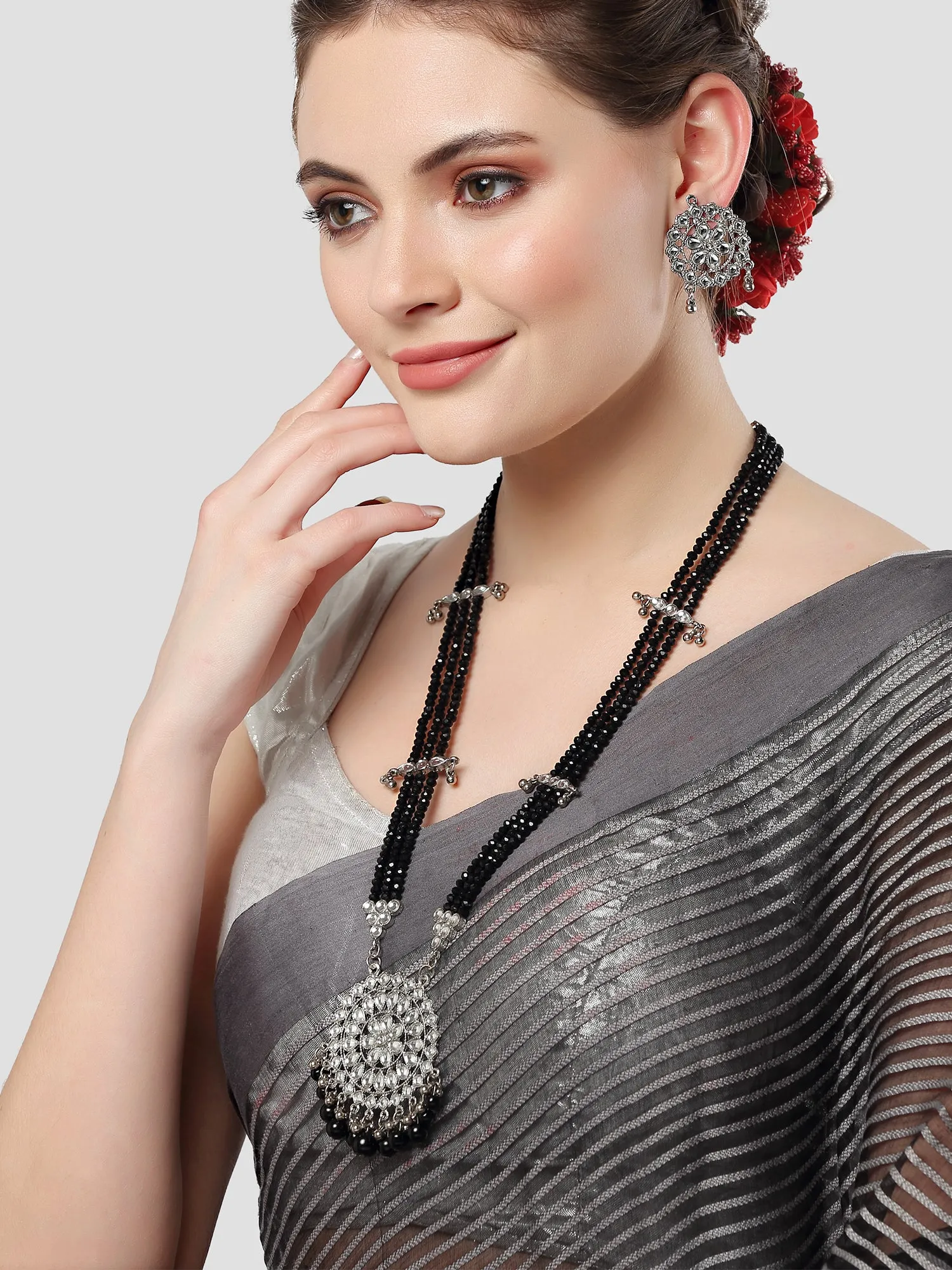 Karatcart Silver Plated Black Beads and Crystal Studded Kundan Rani-Haar Necklace Set for Women