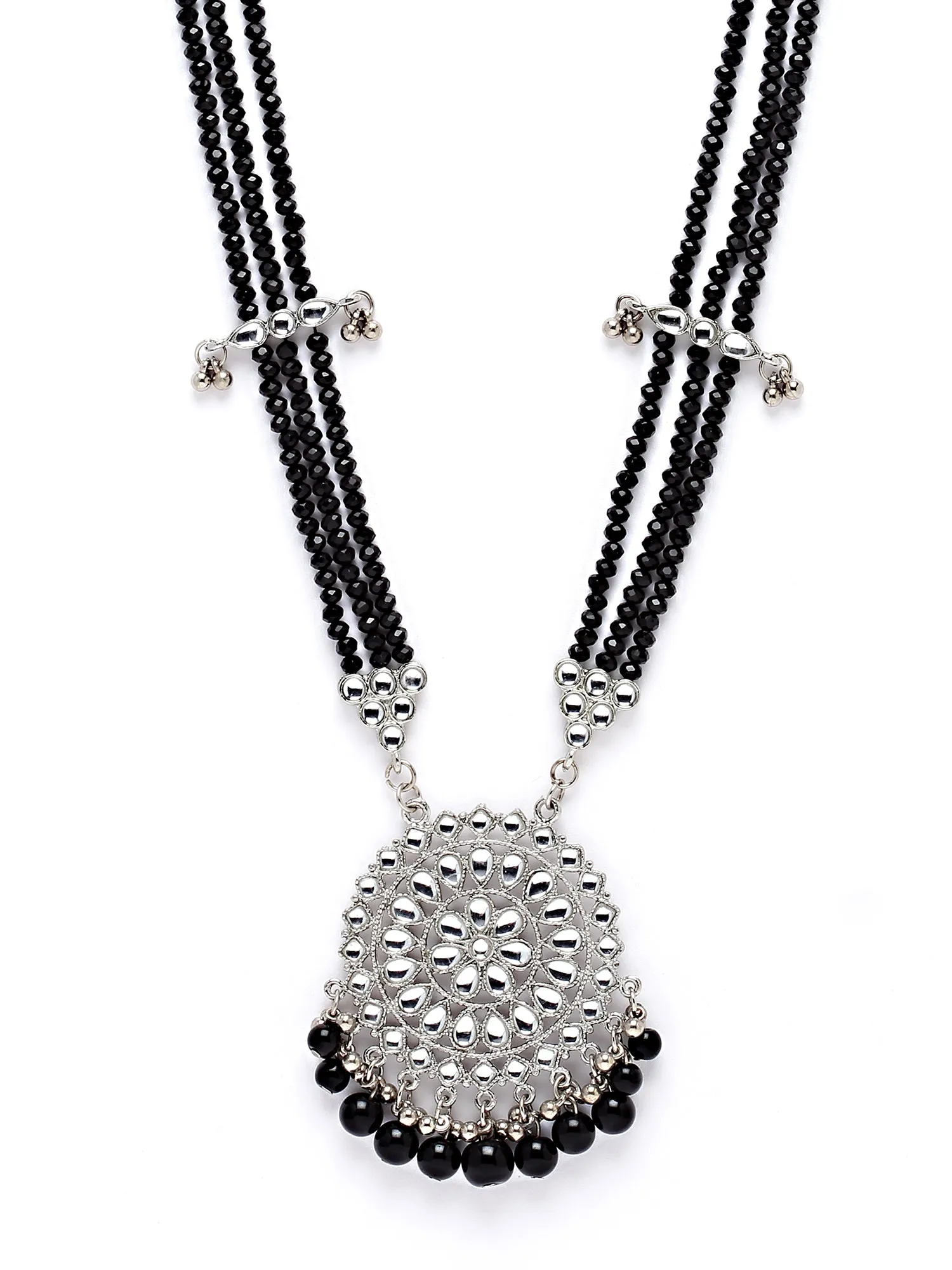 Karatcart Silver Plated Black Beads and Crystal Studded Kundan Rani-Haar Necklace Set for Women