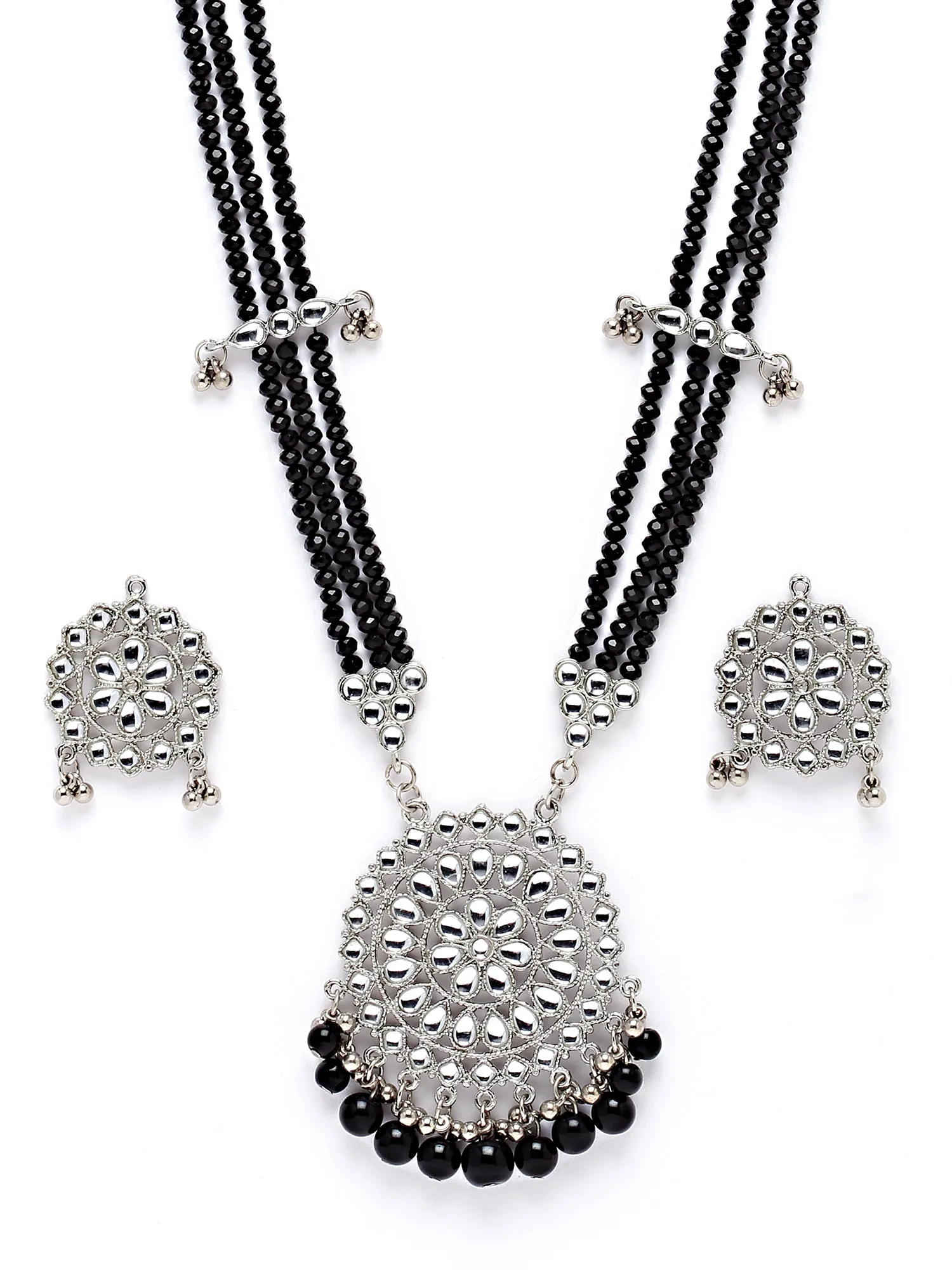 Karatcart Silver Plated Black Beads and Crystal Studded Kundan Rani-Haar Necklace Set for Women