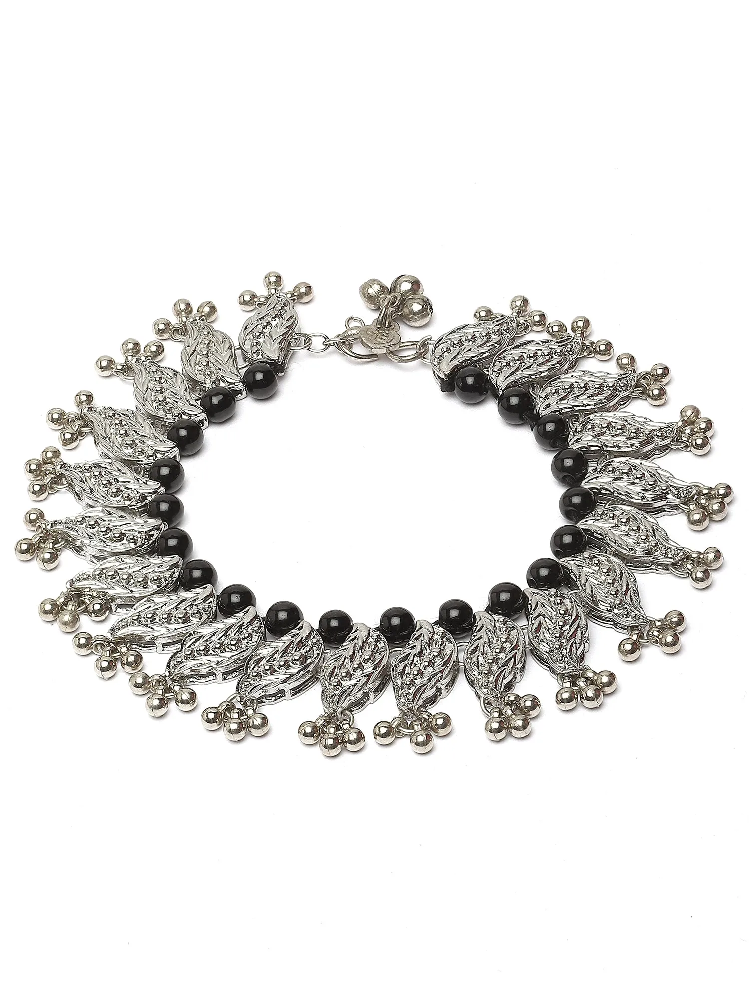 Karatcart Silver Plated Black Beads Studded Kundan Anklet for Women