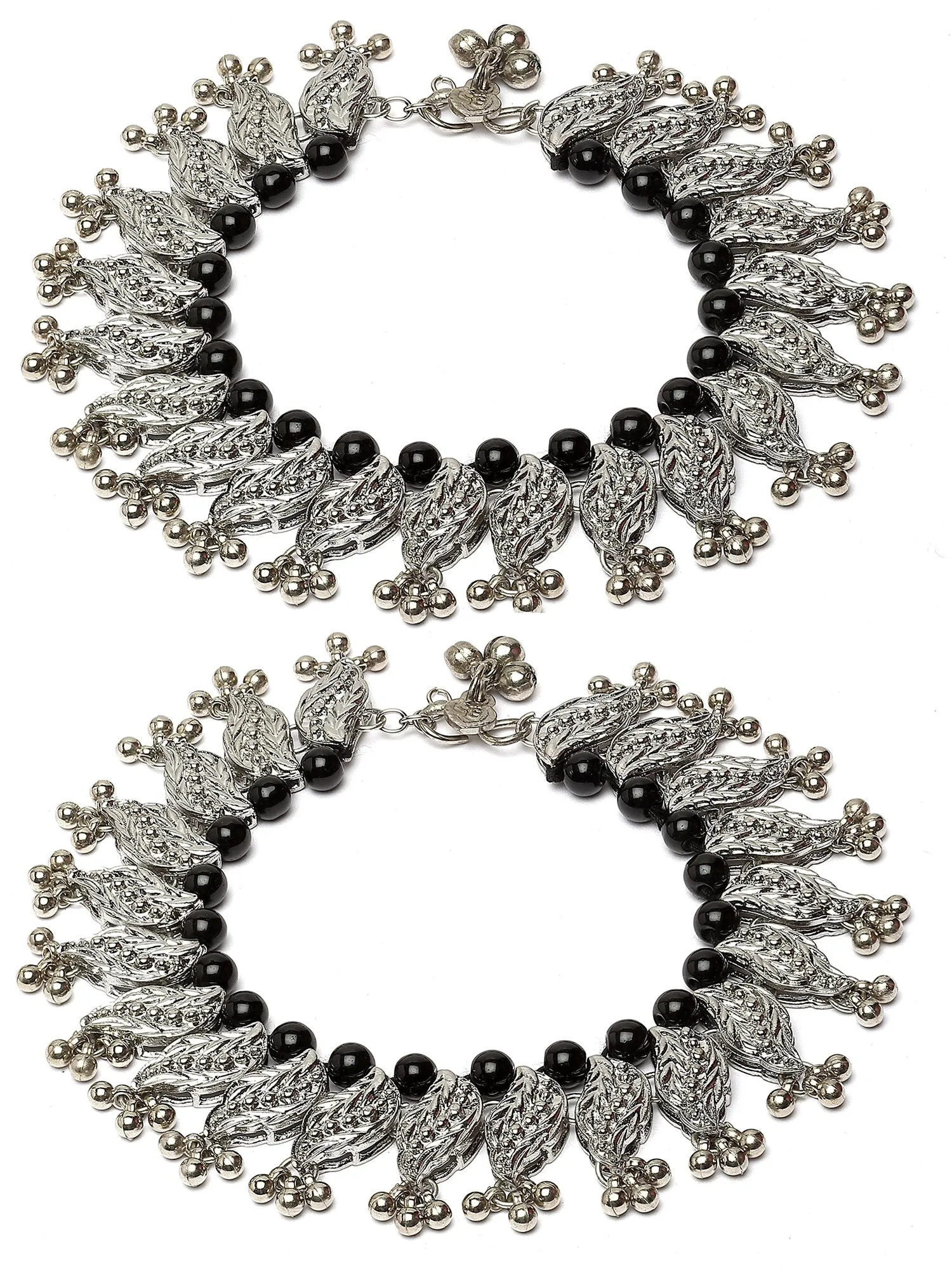 Karatcart Silver Plated Black Beads Studded Kundan Anklet for Women
