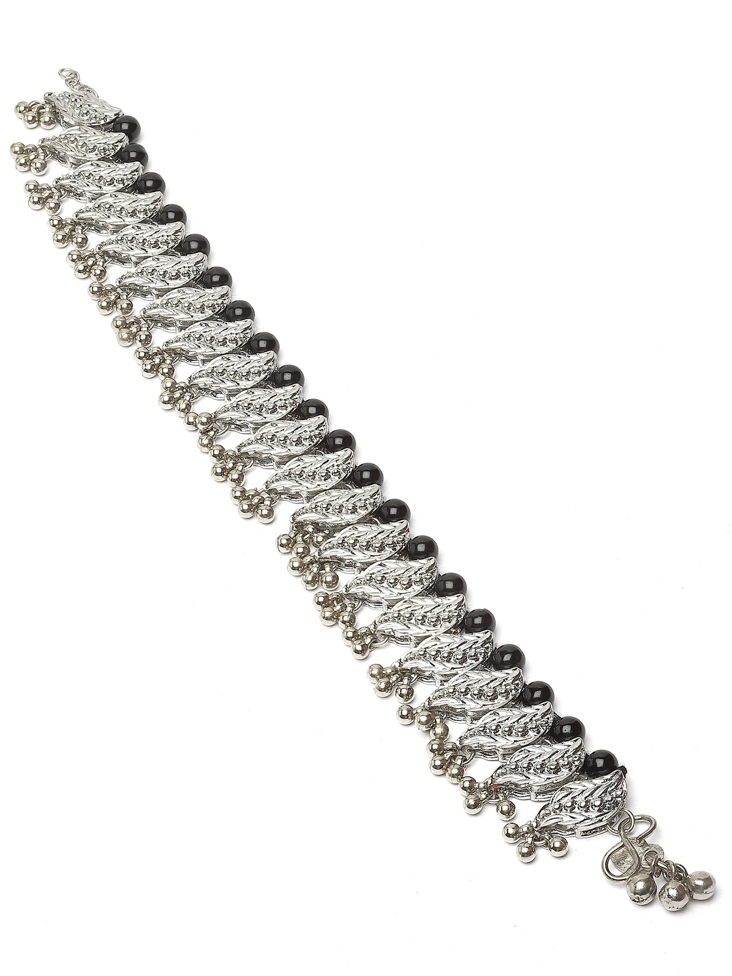 Karatcart Silver Plated Black Beads Studded Kundan Anklet for Women
