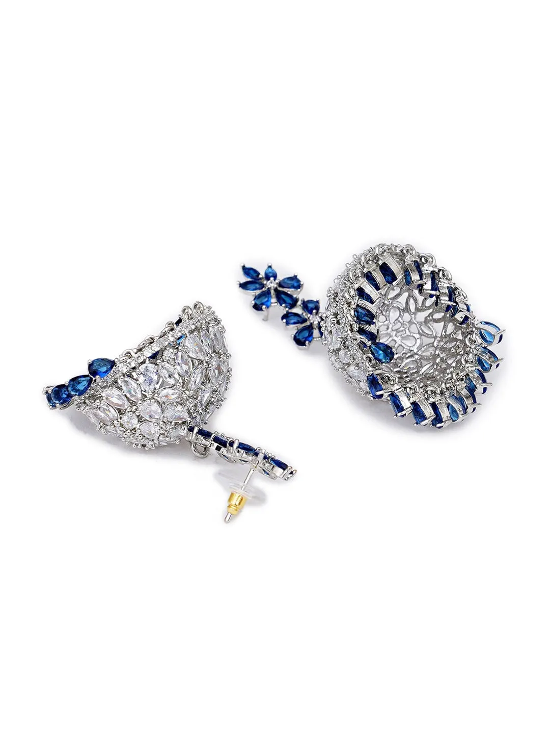 Karatcart Silver Plated Blue & White American Diamond Studded Jhumkas Earrings