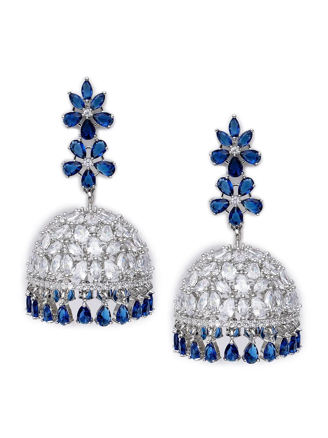Karatcart Silver Plated Blue & White American Diamond Studded Jhumkas Earrings