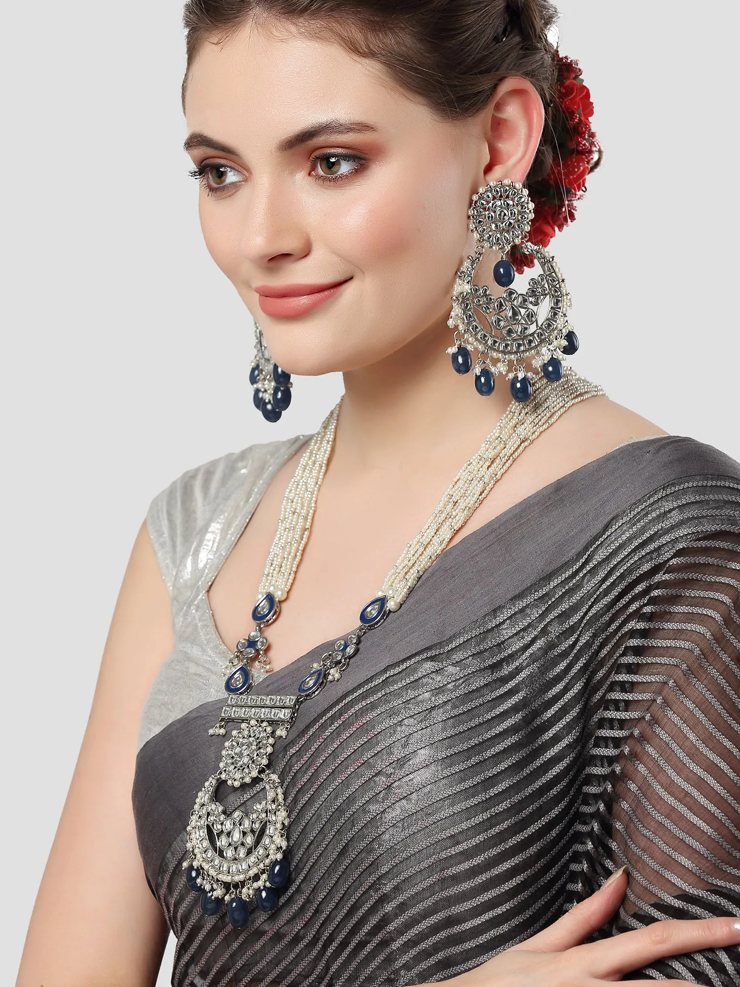 Karatcart Silver Plated Blue Tumble and Pearl Studded Kundan Rani-Haar Necklace Set for Women