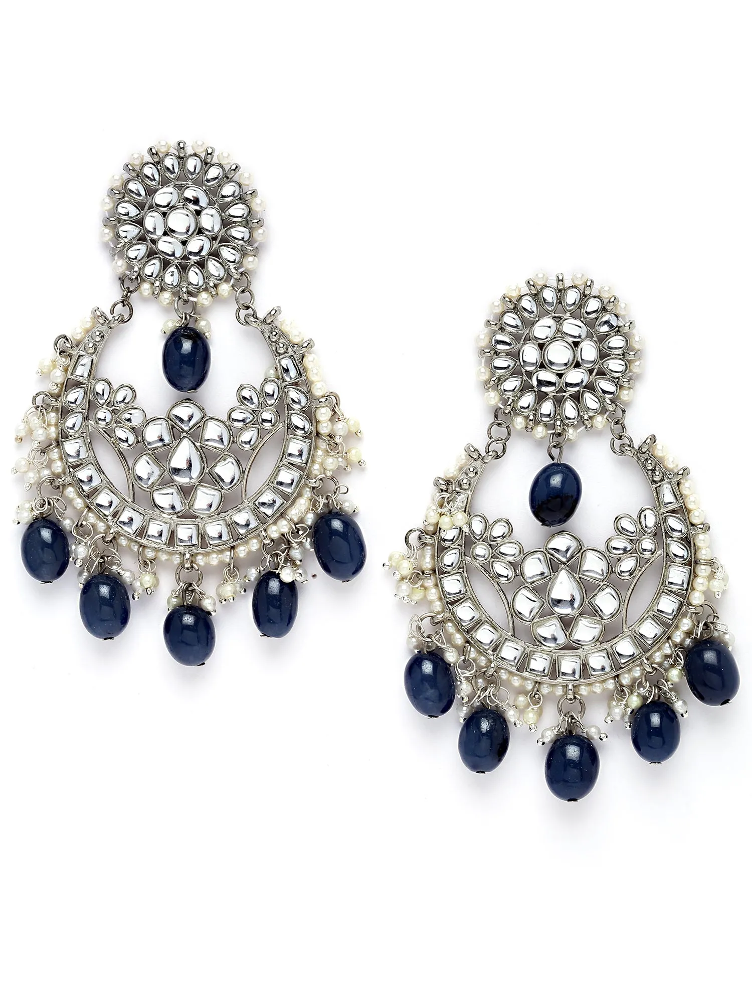 Karatcart Silver Plated Blue Tumble and Pearl Studded Kundan Rani-Haar Necklace Set for Women