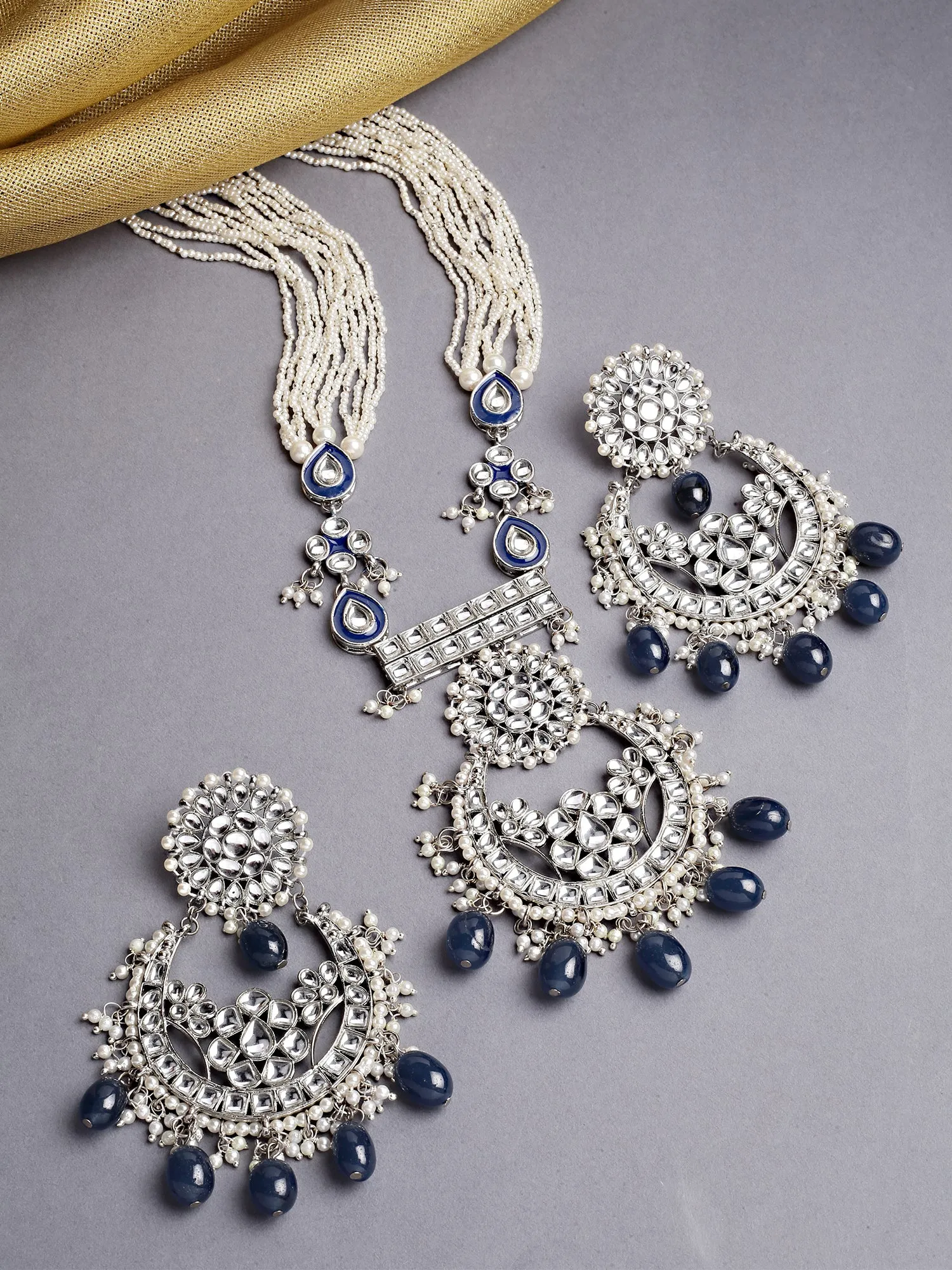 Karatcart Silver Plated Blue Tumble and Pearl Studded Kundan Rani-Haar Necklace Set for Women