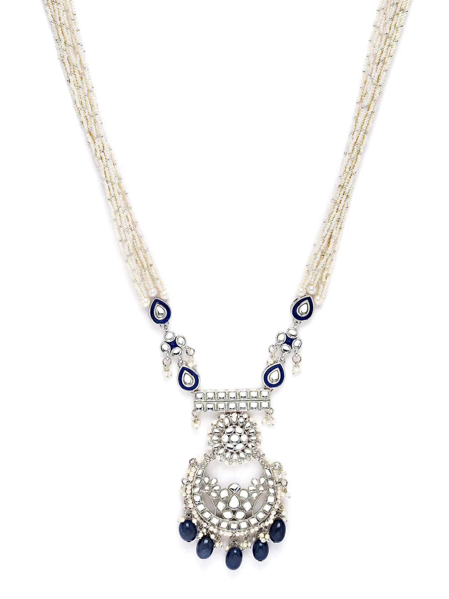 Karatcart Silver Plated Blue Tumble and Pearl Studded Kundan Rani-Haar Necklace Set for Women