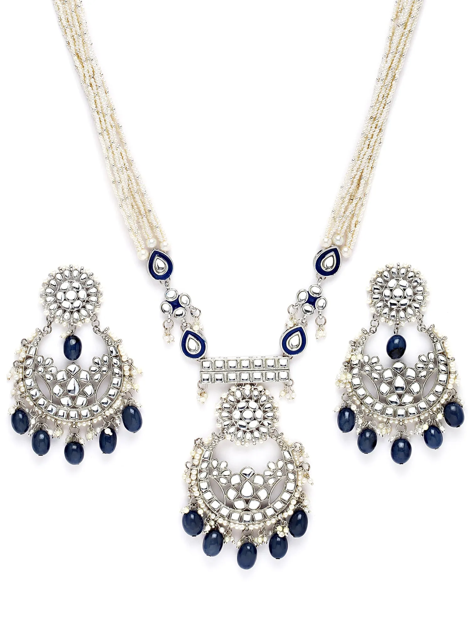 Karatcart Silver Plated Blue Tumble and Pearl Studded Kundan Rani-Haar Necklace Set for Women