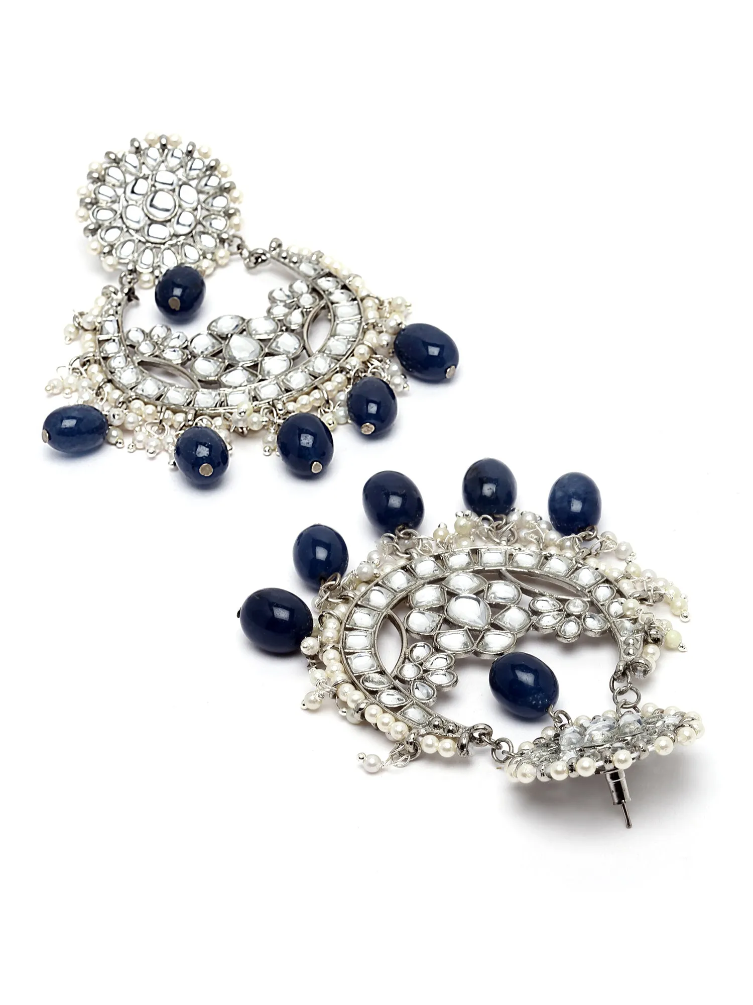 Karatcart Silver Plated Blue Tumble and Pearl Studded Kundan Rani-Haar Necklace Set for Women
