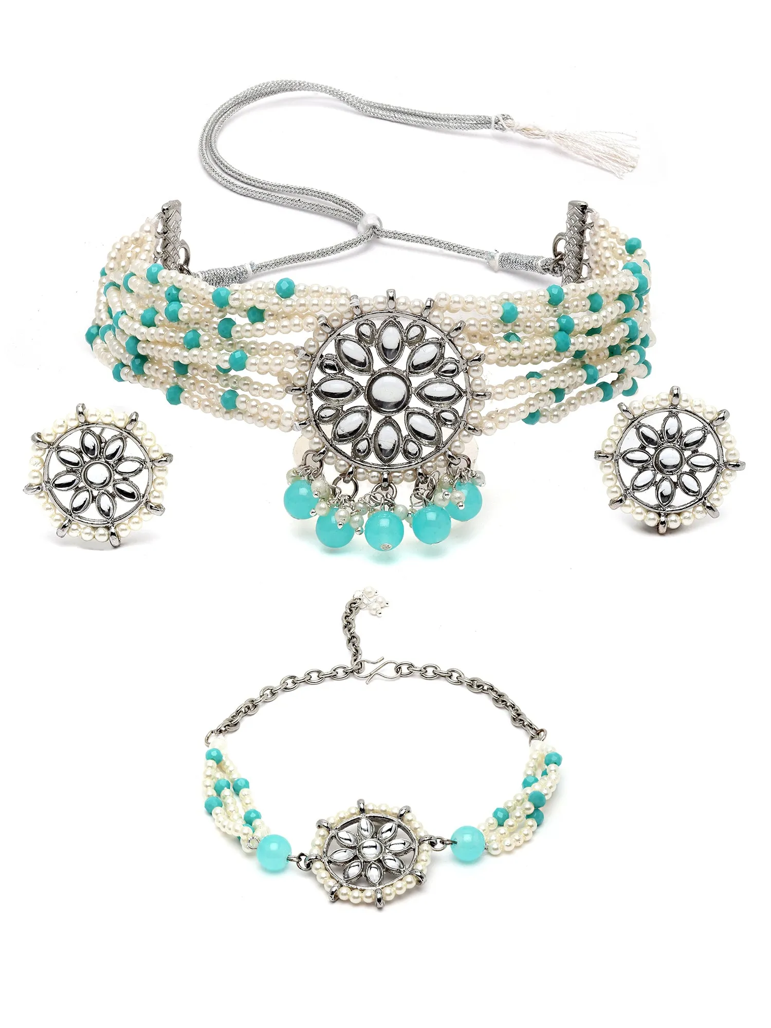Karatcart Silver Plated Light Blue Beads and Pearl Beaded Kundan Choker Necklace Set with Bracelet