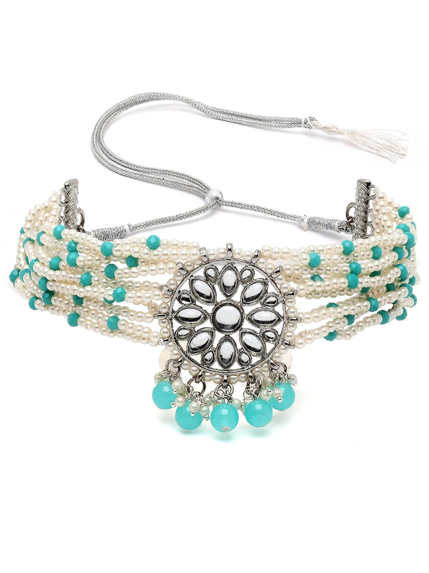 Karatcart Silver Plated Light Blue Beads and Pearl Beaded Kundan Choker Necklace Set with Bracelet