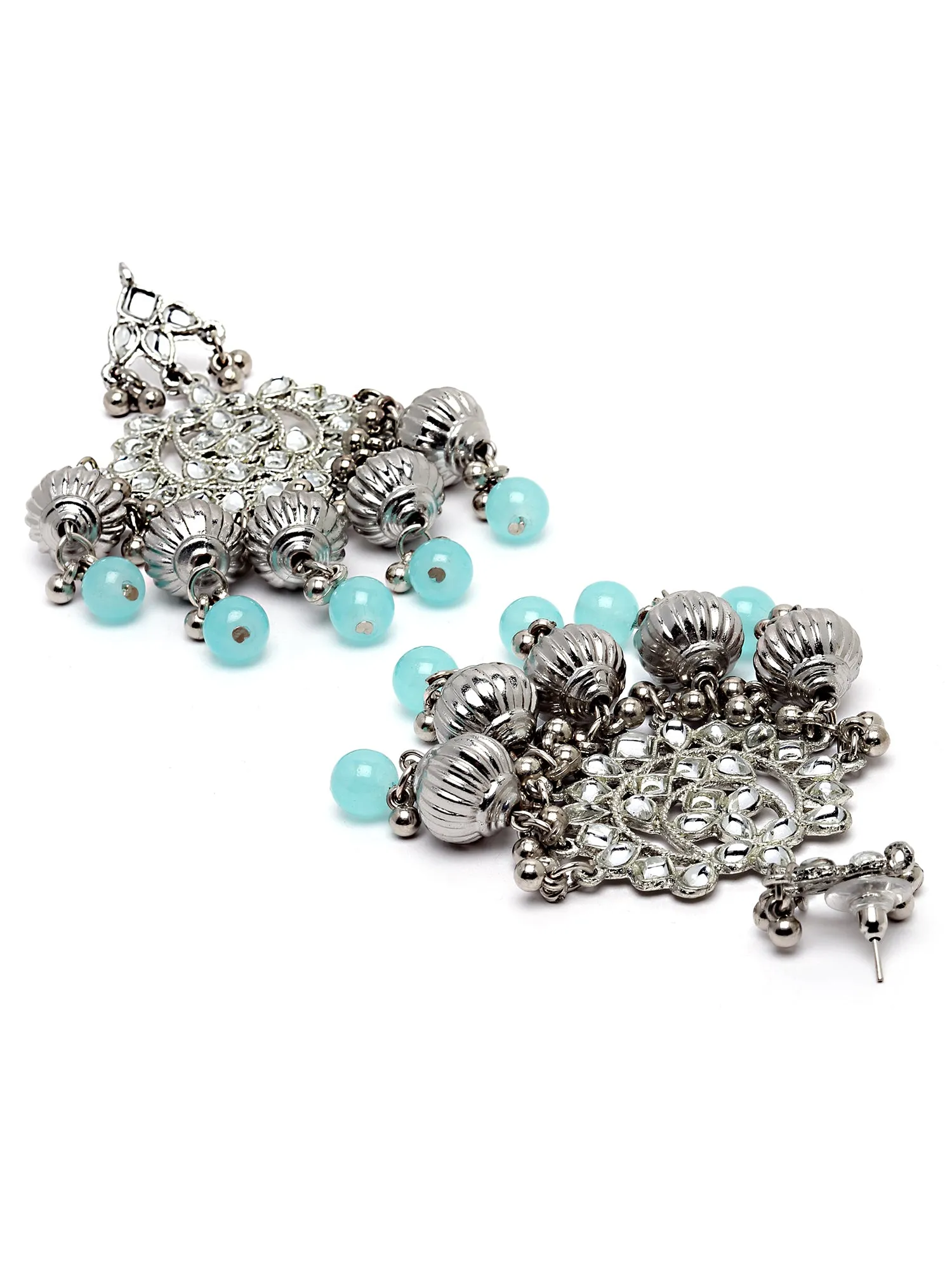 Karatcart Silver Plated Light Blue Tumble and Pearl Studded Kundan Rani-Haar Necklace Set for Women