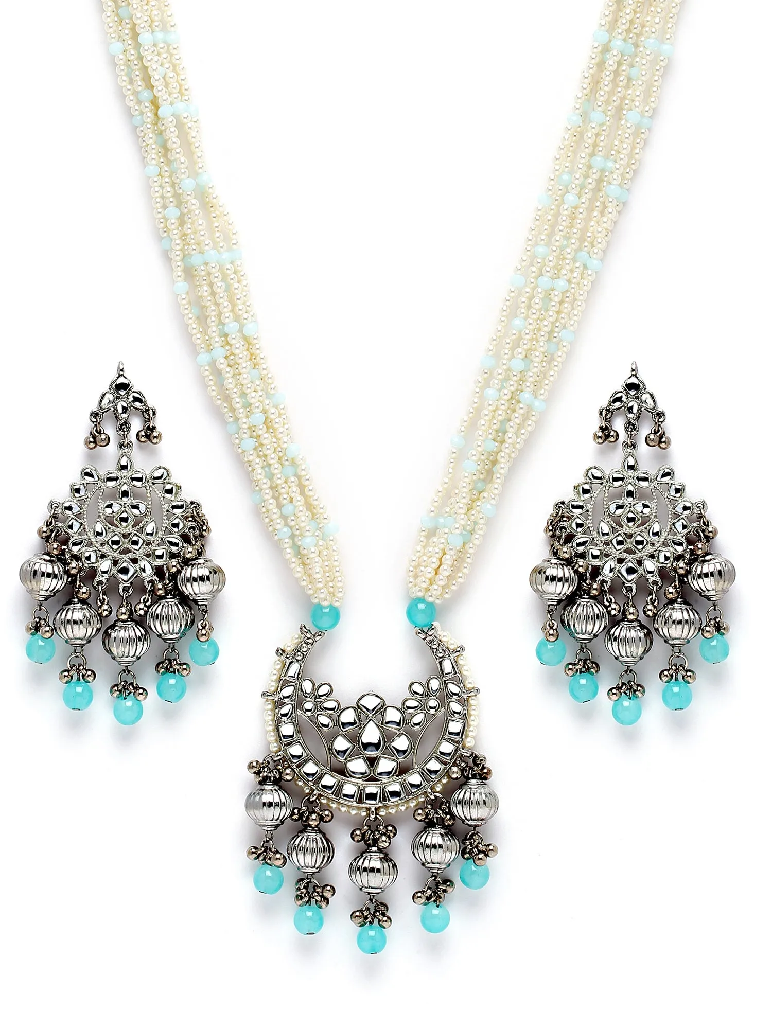 Karatcart Silver Plated Light Blue Tumble and Pearl Studded Kundan Rani-Haar Necklace Set for Women