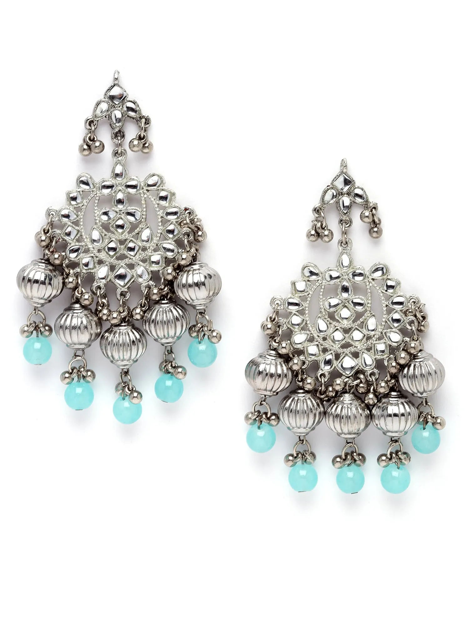 Karatcart Silver Plated Light Blue Tumble and Pearl Studded Kundan Rani-Haar Necklace Set for Women