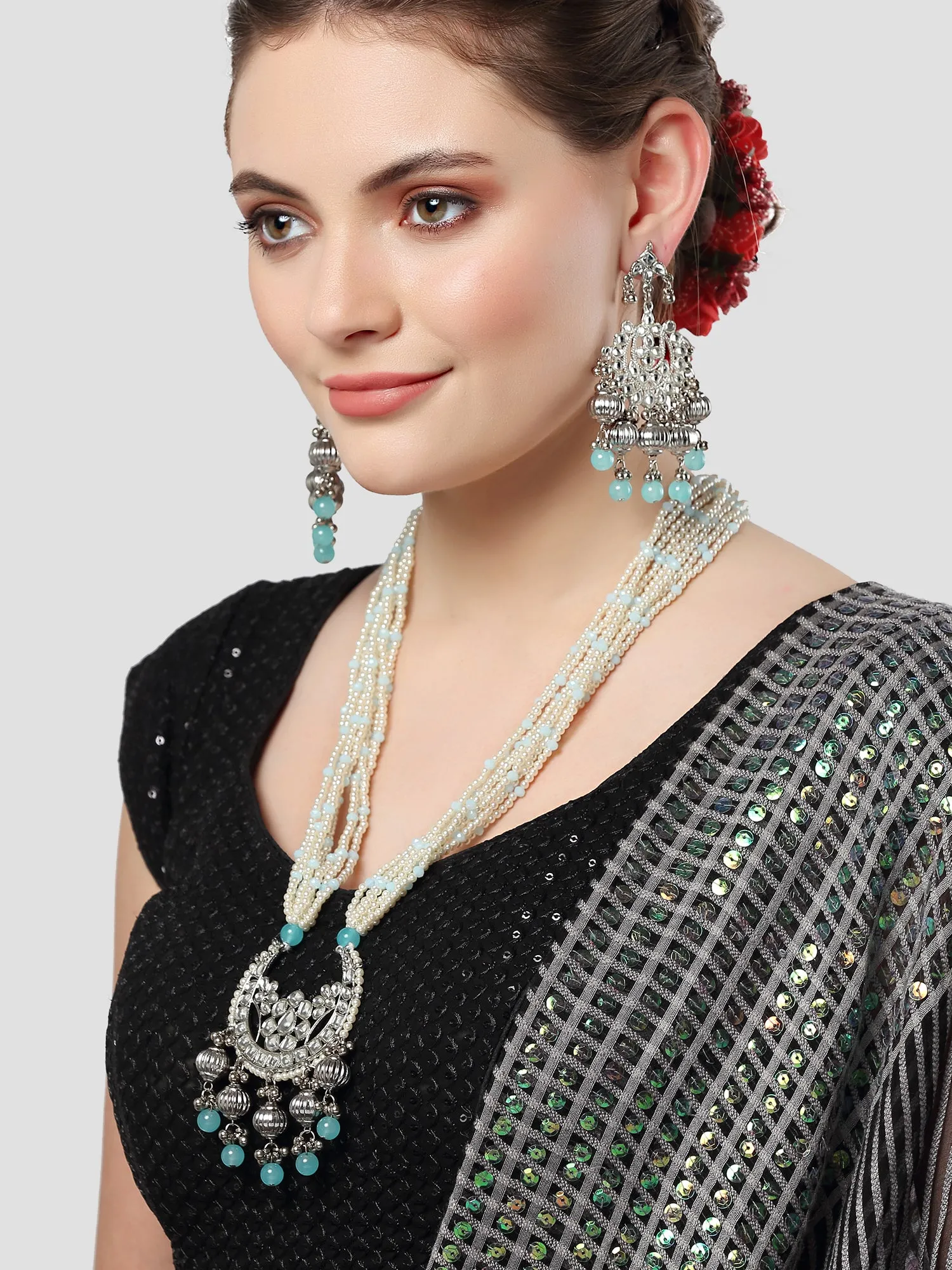 Karatcart Silver Plated Light Blue Tumble and Pearl Studded Kundan Rani-Haar Necklace Set for Women