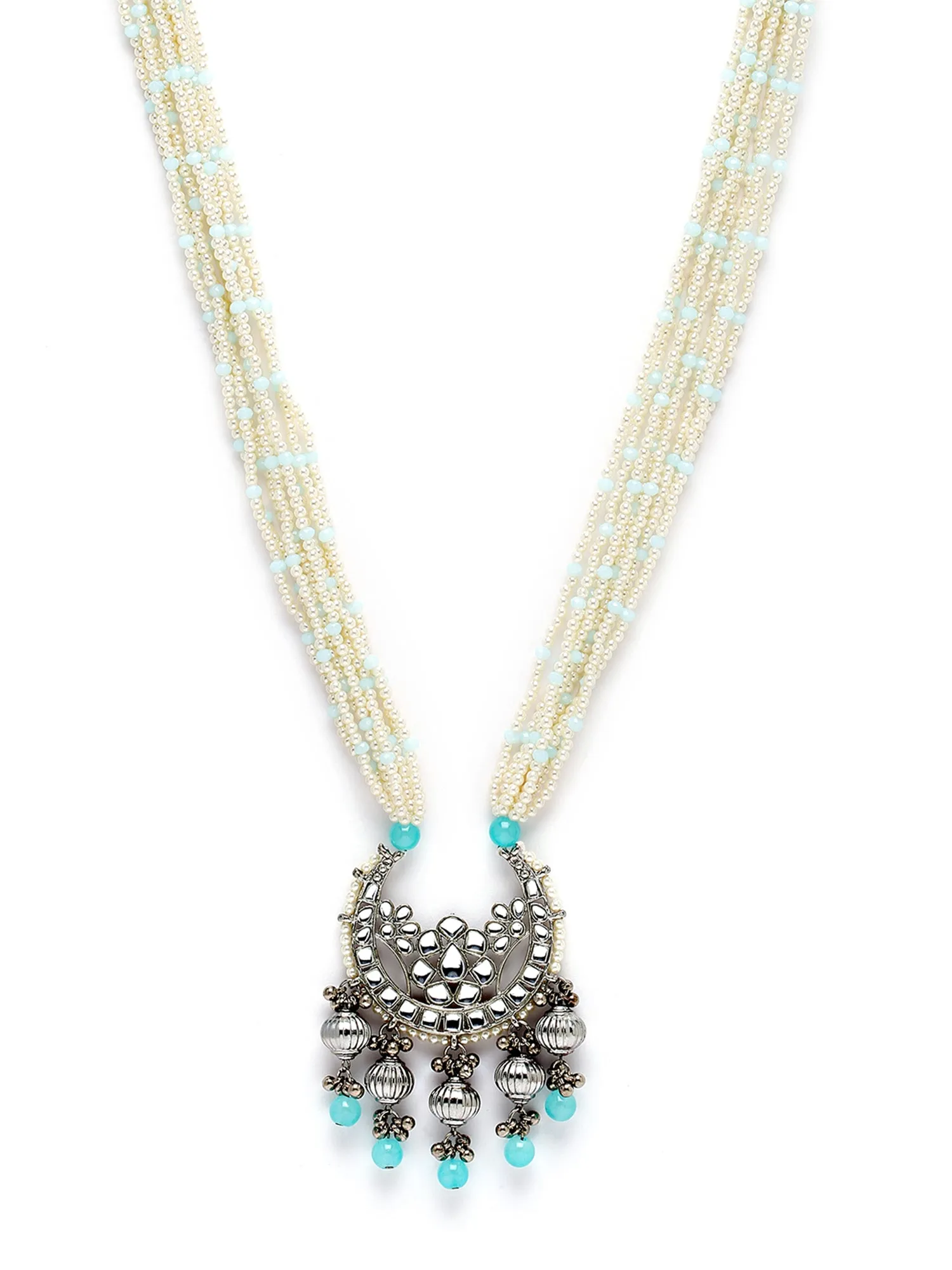 Karatcart Silver Plated Light Blue Tumble and Pearl Studded Kundan Rani-Haar Necklace Set for Women