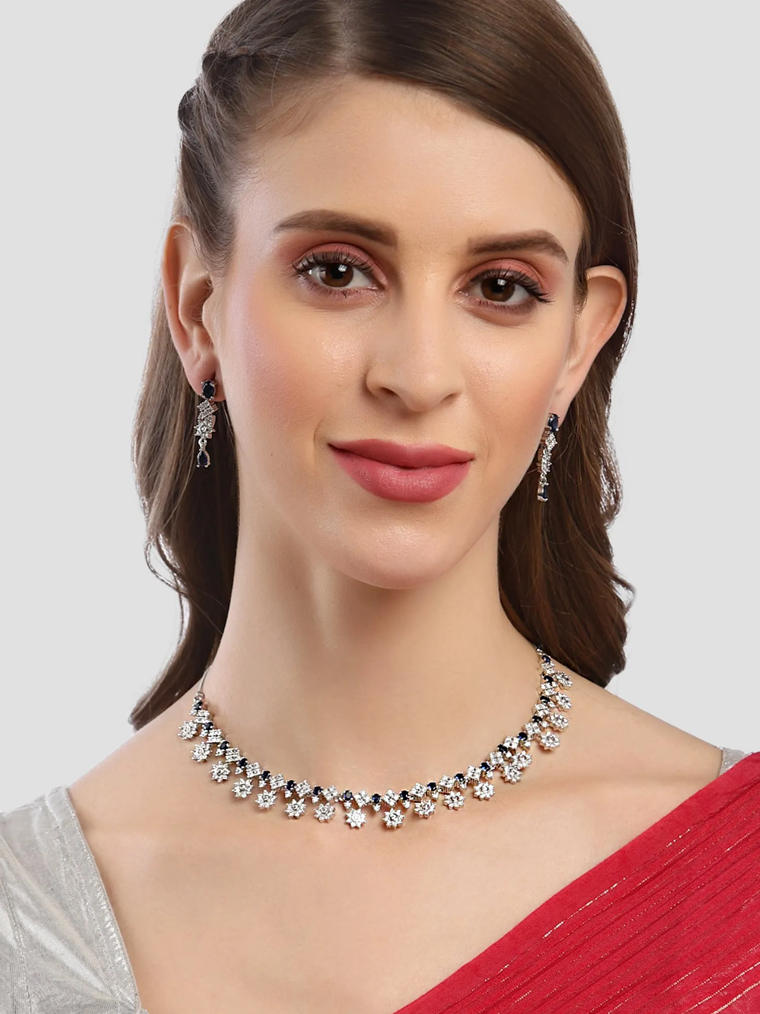 Karatcart Silver Plated Star Shape Blue Cubic Zirconia Studded Necklace Set for Women