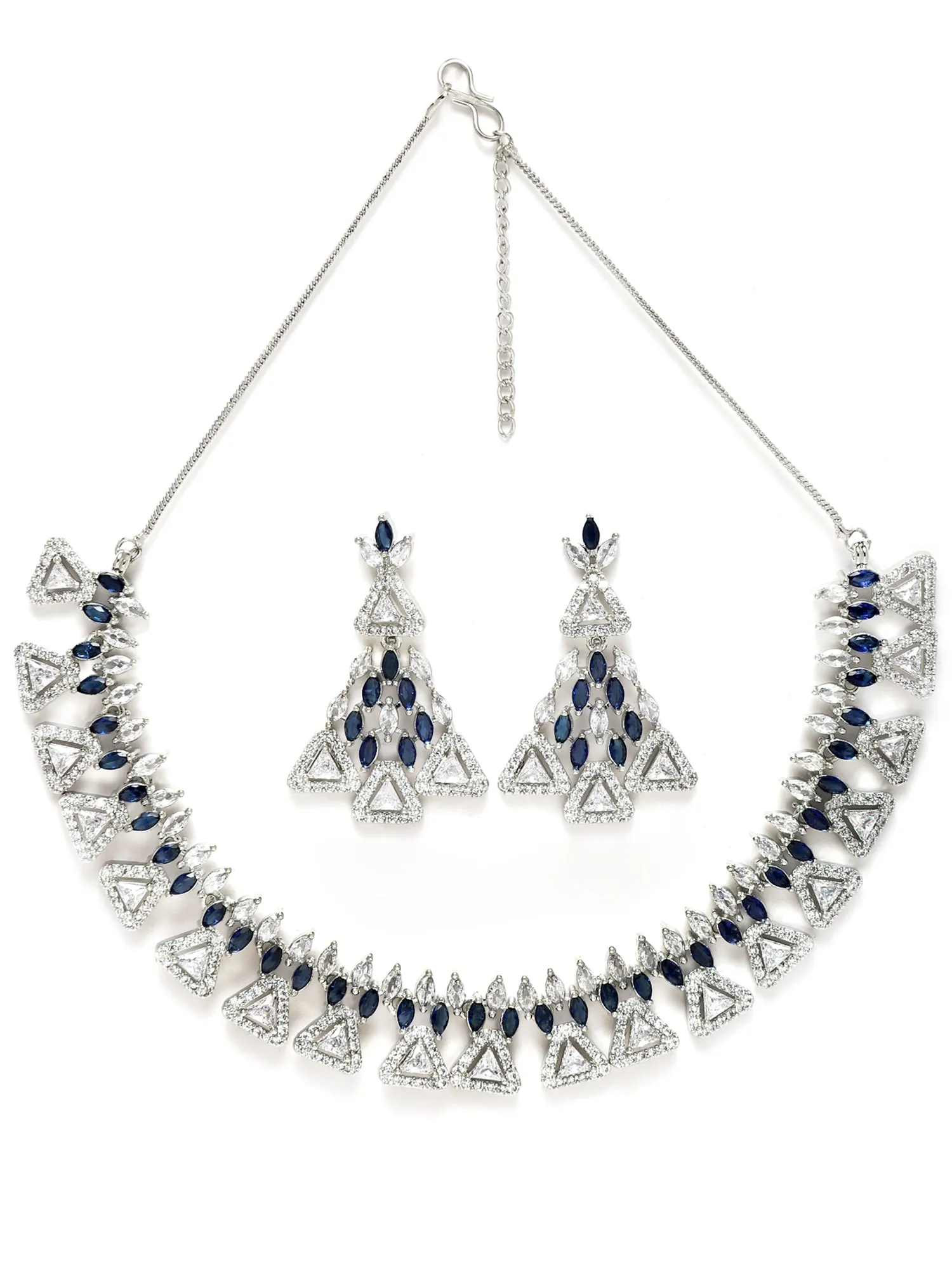 Karatcart Silver Plated Triangle Shape Blue Cubic Zirconia Studded Necklace Set for Women